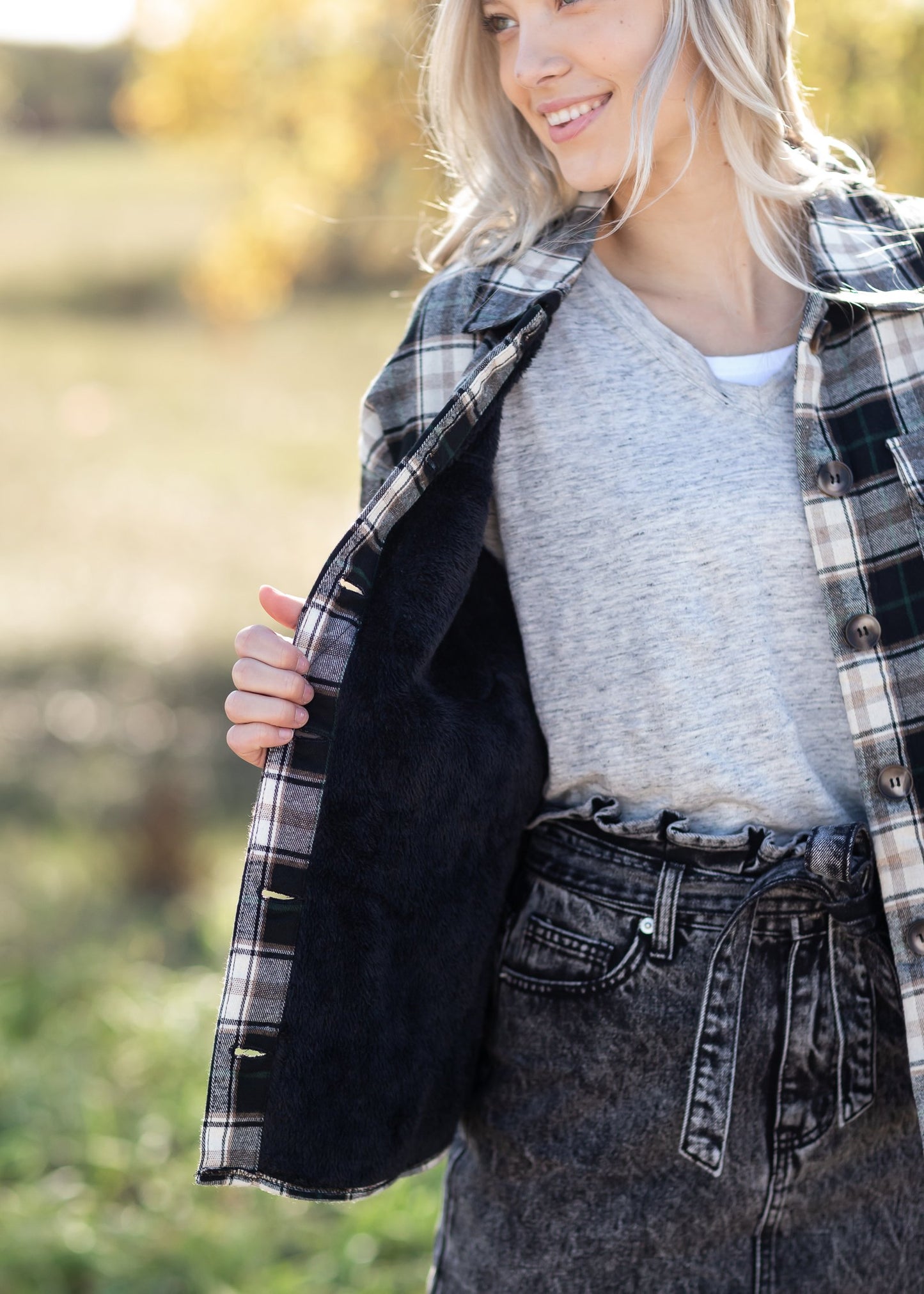 Faux Fur Lined Plaid Button Down Shacket Tops Paper Crane