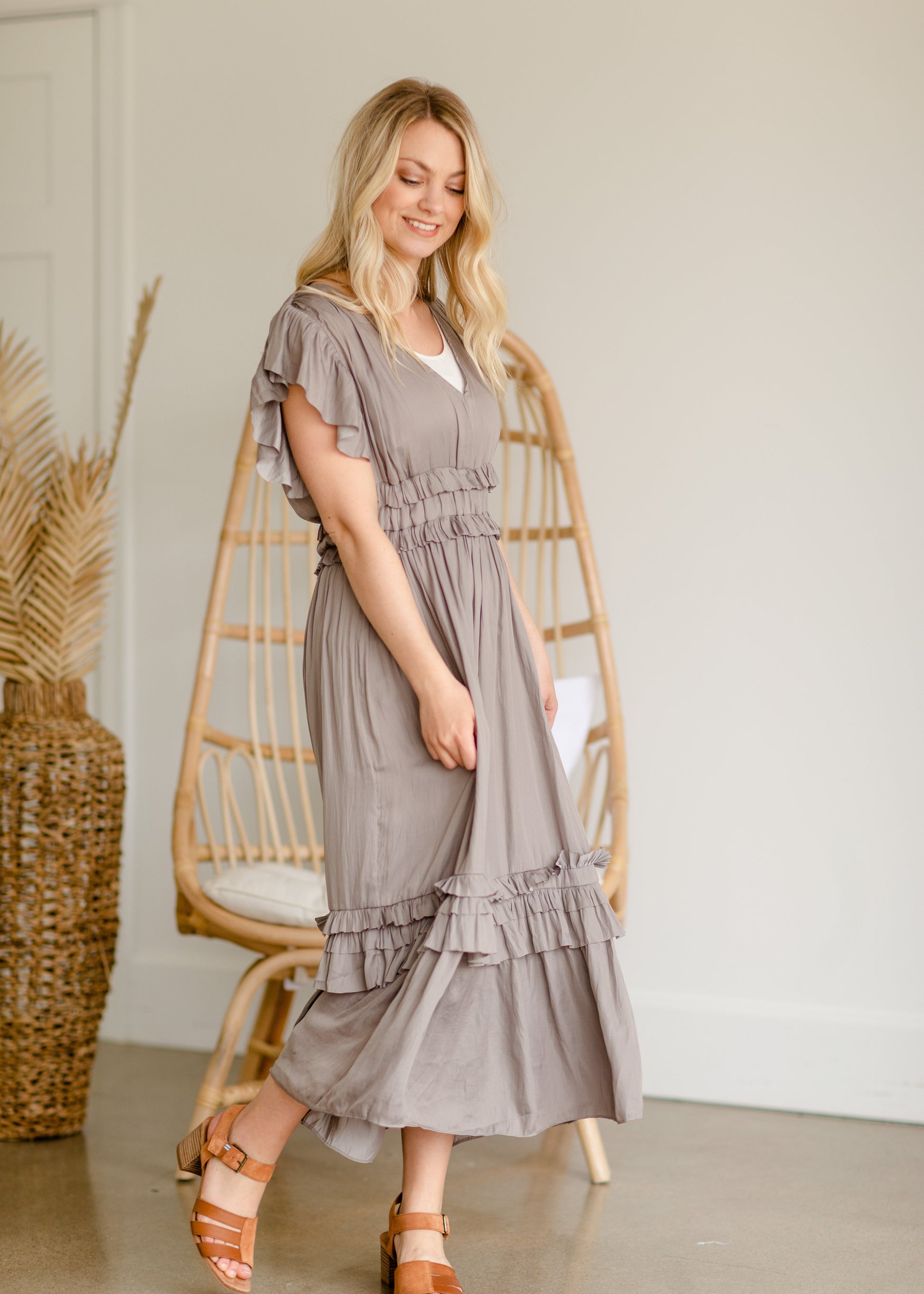 Fawn Ruffled Satin Midi Dress - FINAL SALE Dresses