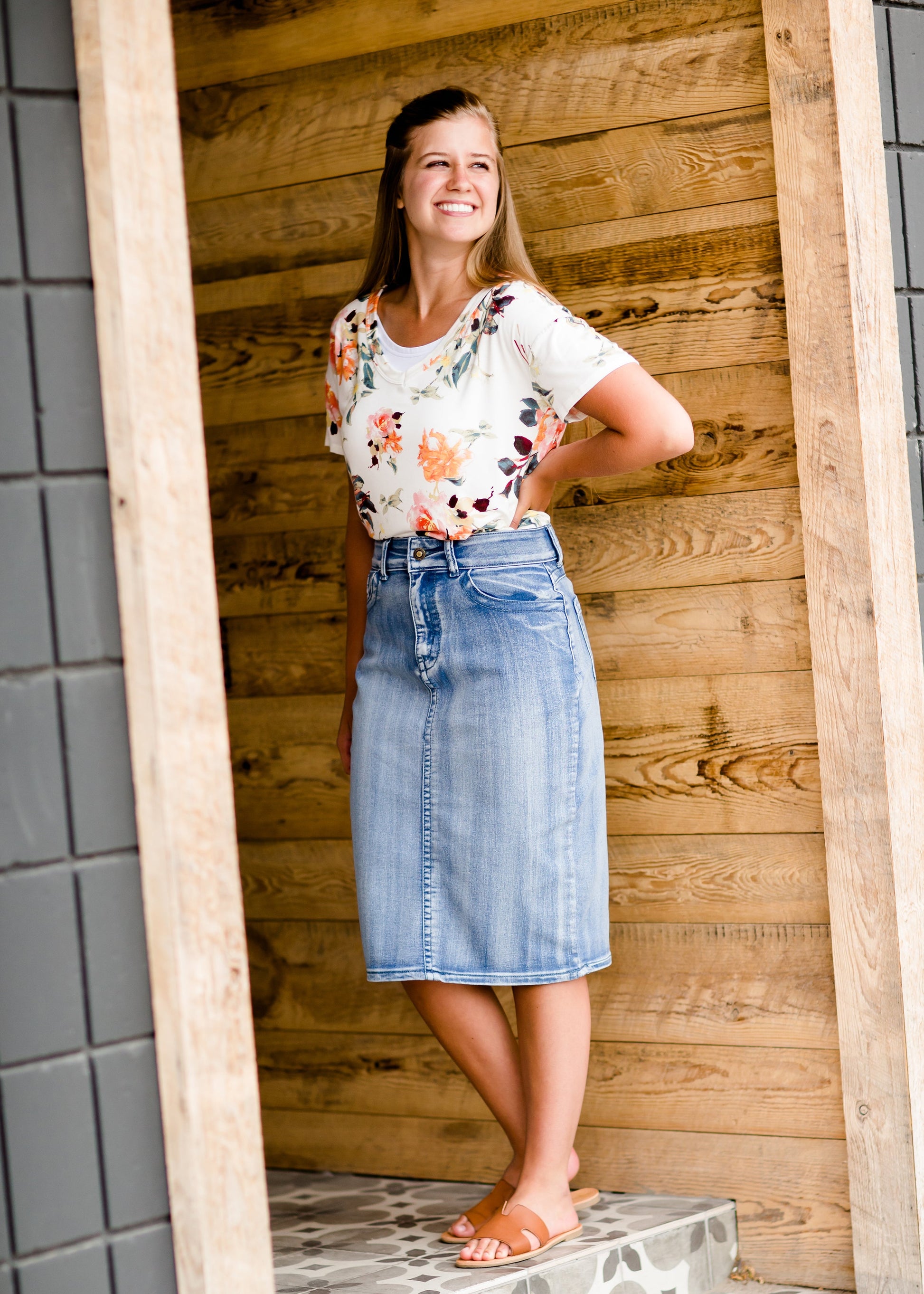 Modest denim midi skirt