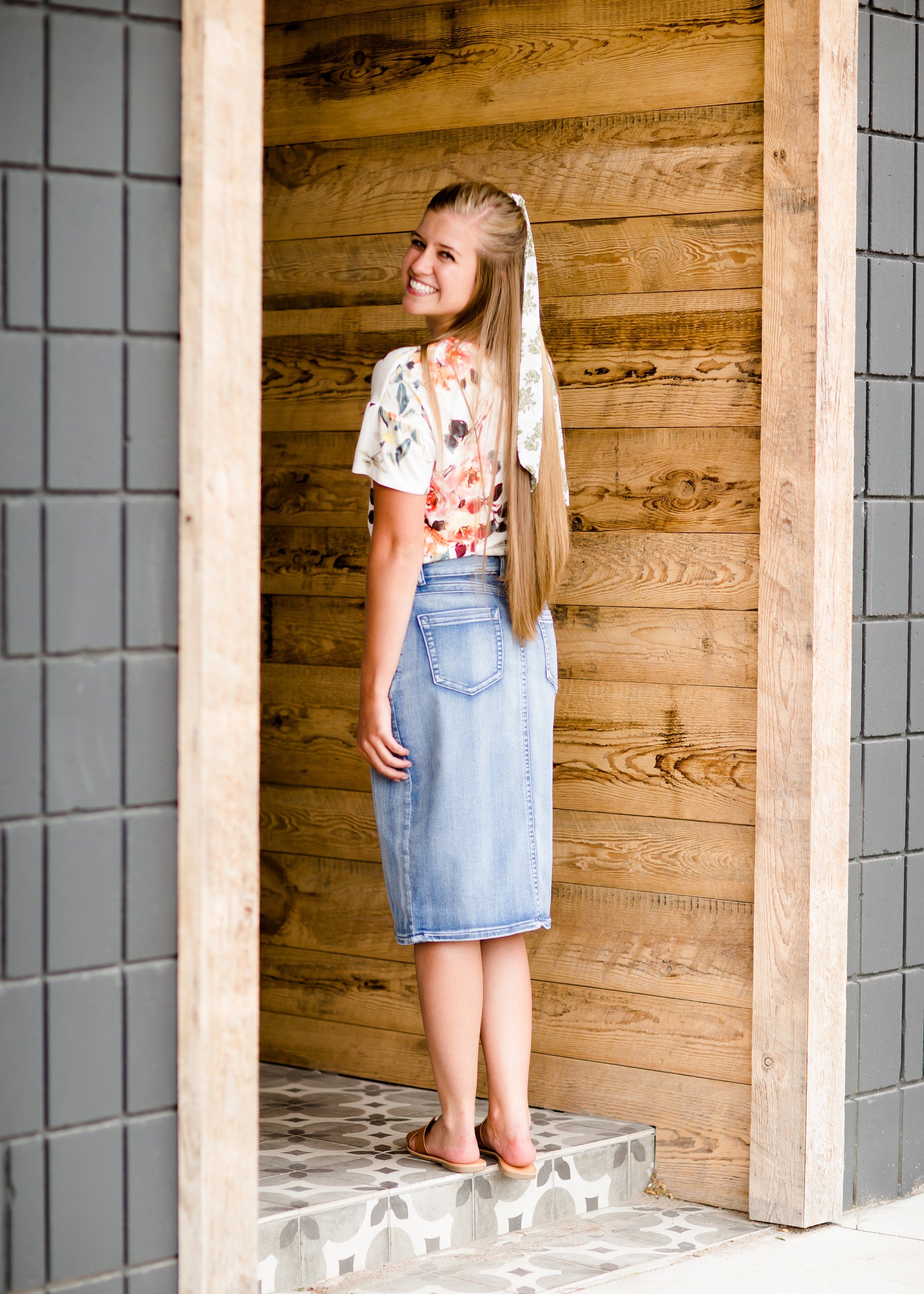 Modest denim midi skirt