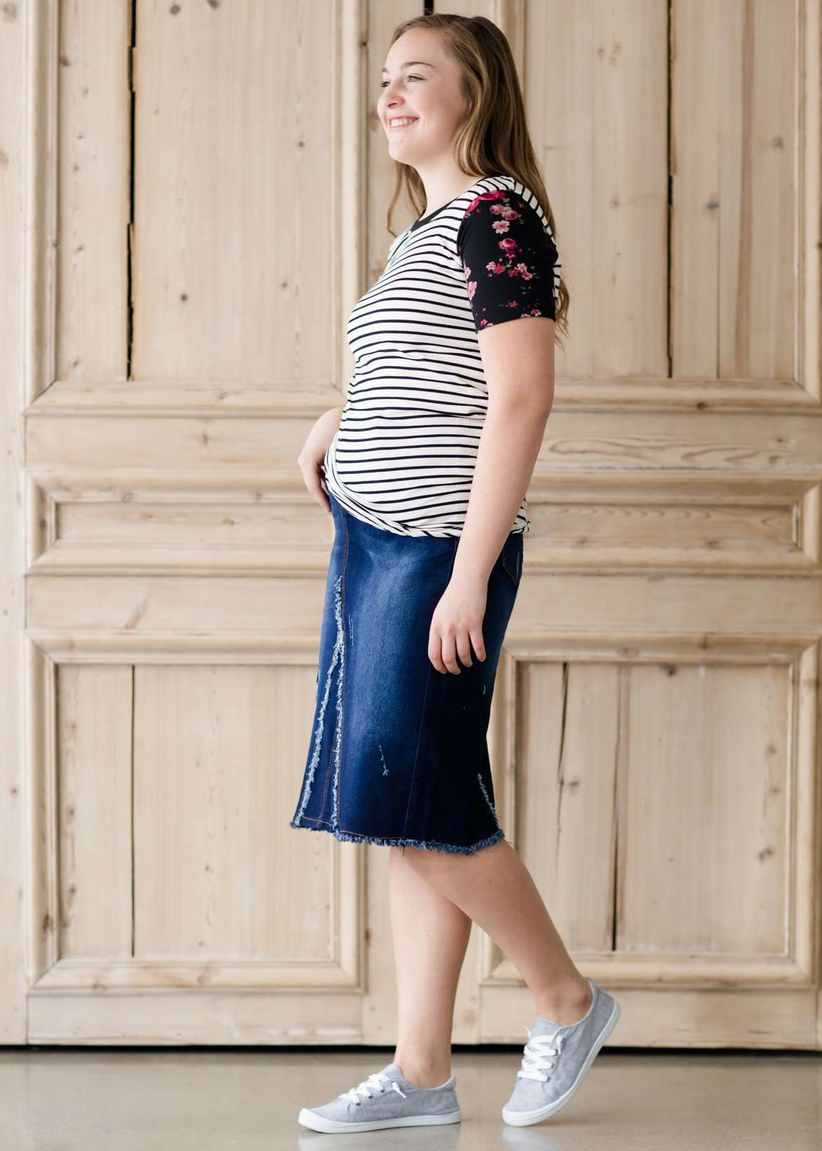 black white and pink floral sleeve and stripe front top