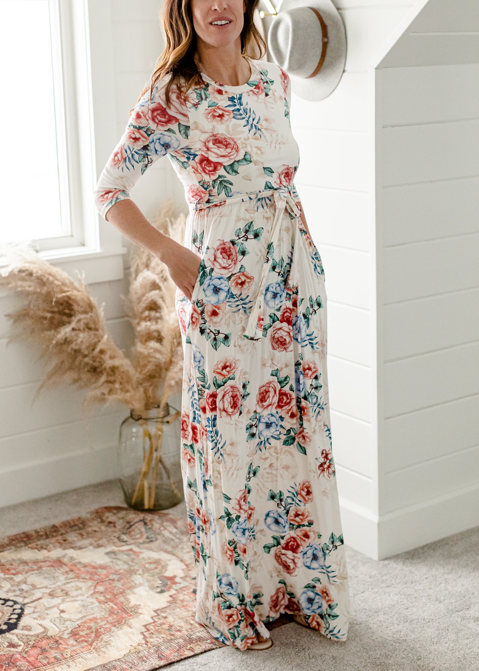 Floral 3/4 Sleeve Belted Maxi Dress - FINAL SALE Dresses