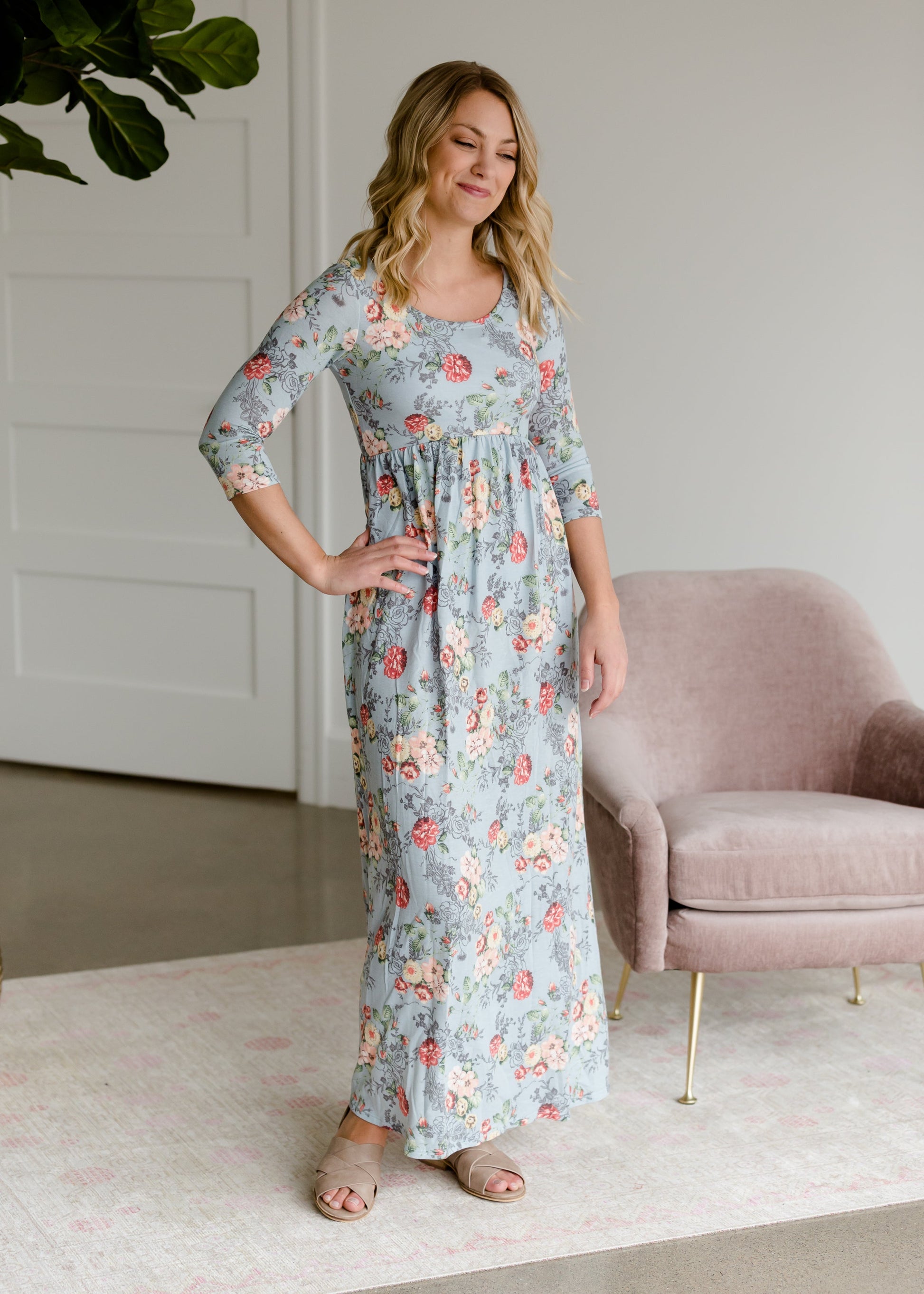 Floral 3/4 Sleeve Empire Waist Maxi Dress Dresses