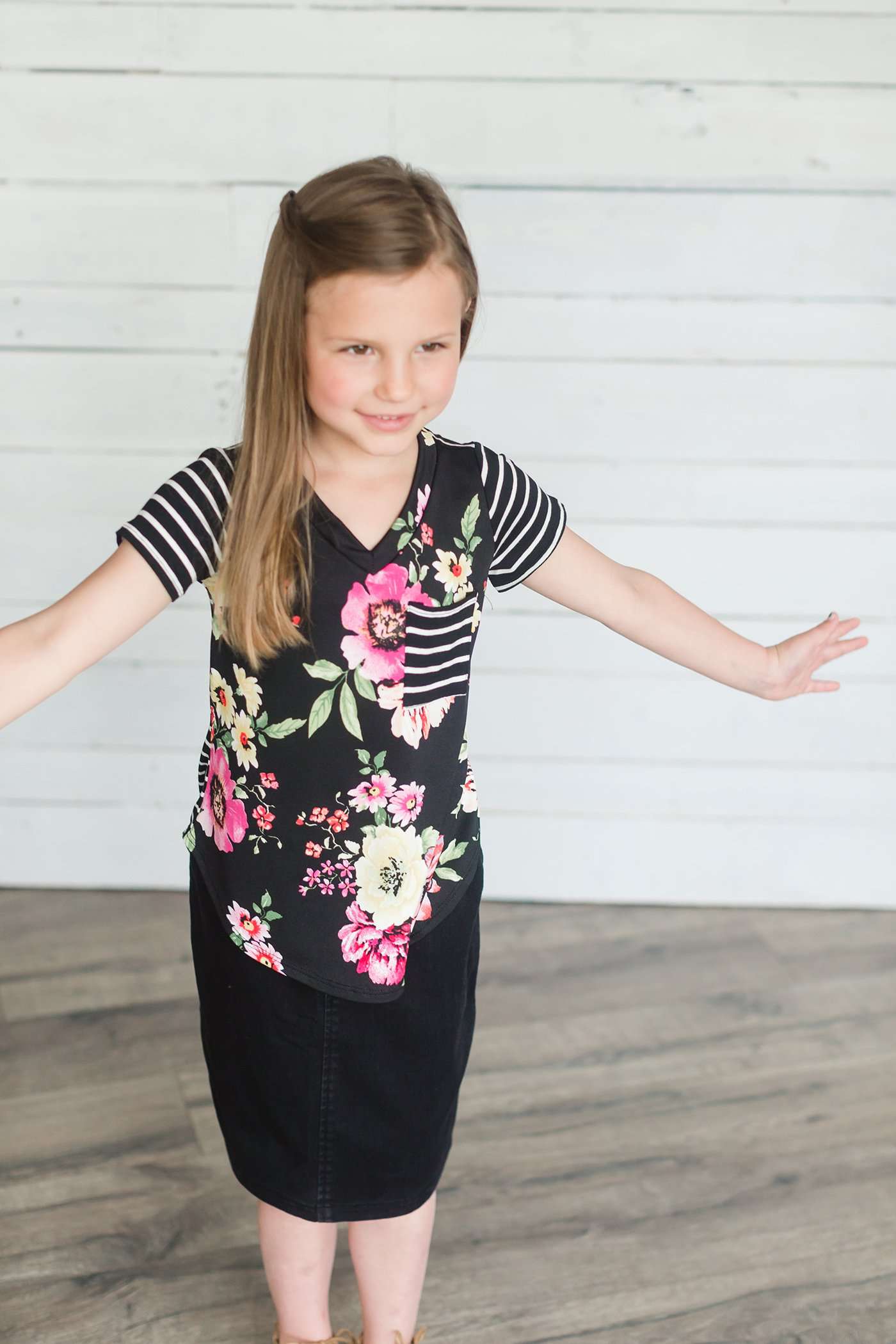 Floral and Stripe Contrast Tee-FINAL SALE Tops Black / XS(5-6)
