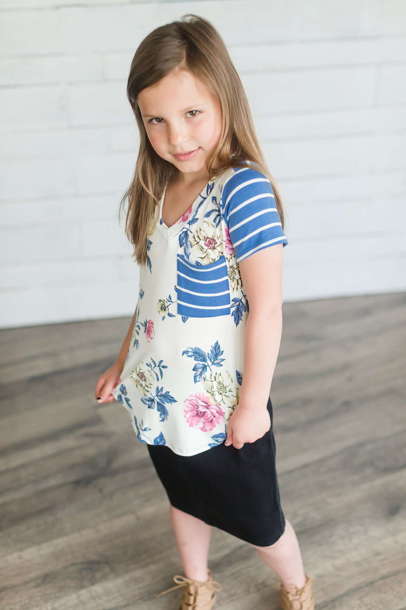 Floral and Stripe Contrast Tee-FINAL SALE Tops Ivory / XS(5-6)