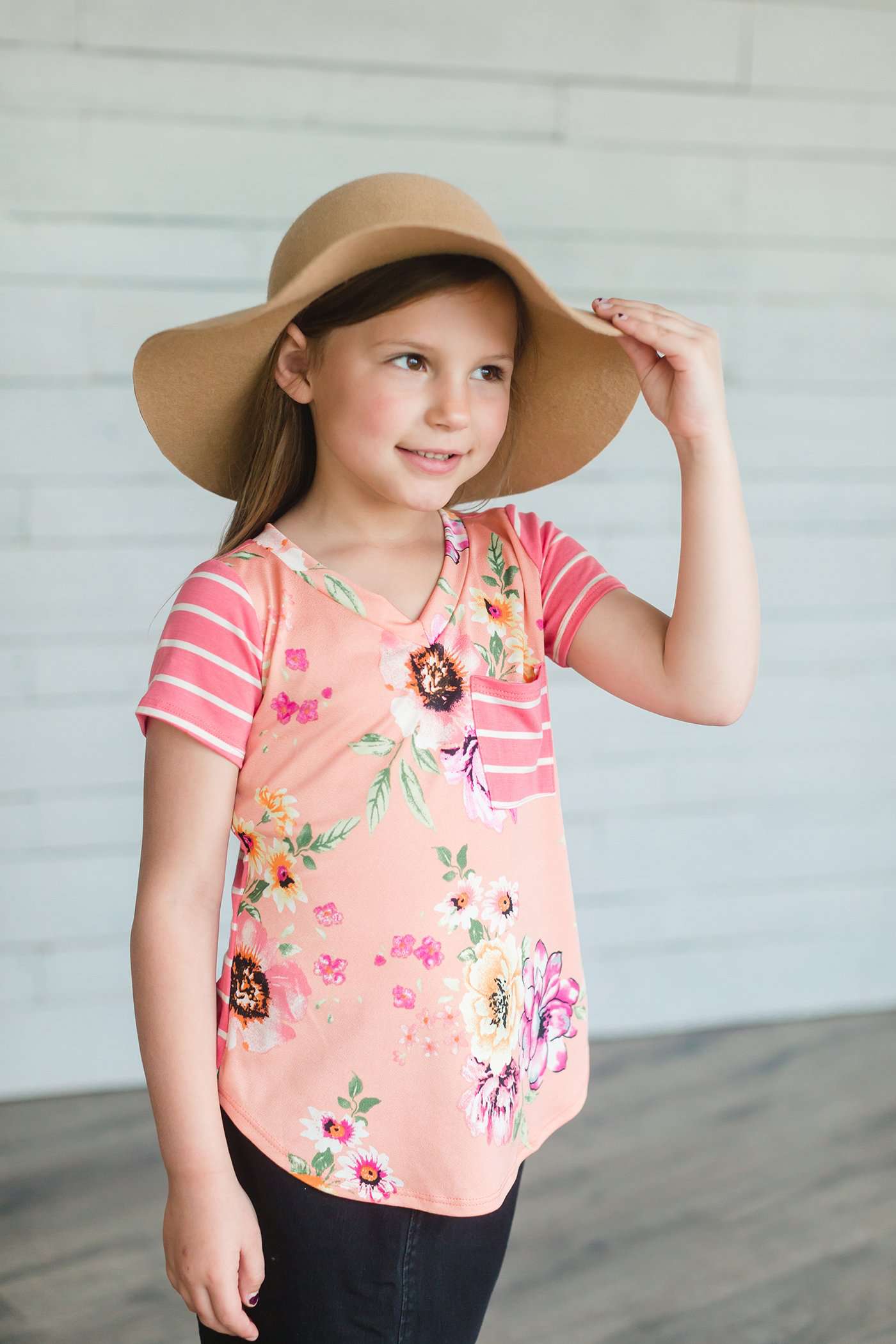 Floral and Stripe Contrast Tee-FINAL SALE Tops Peach / XS(5-6)