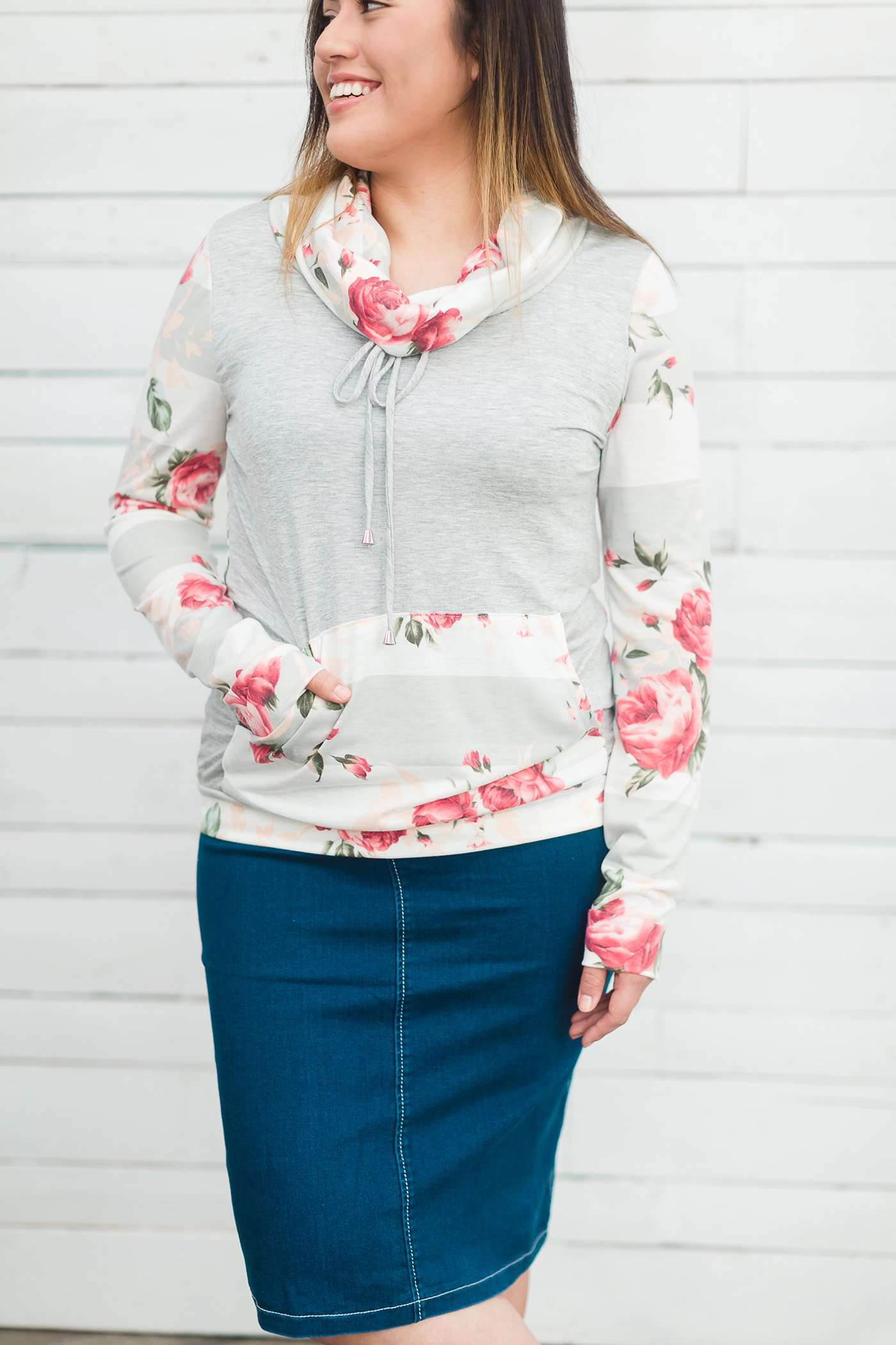 Floral Block Cowl Neck Top Tops