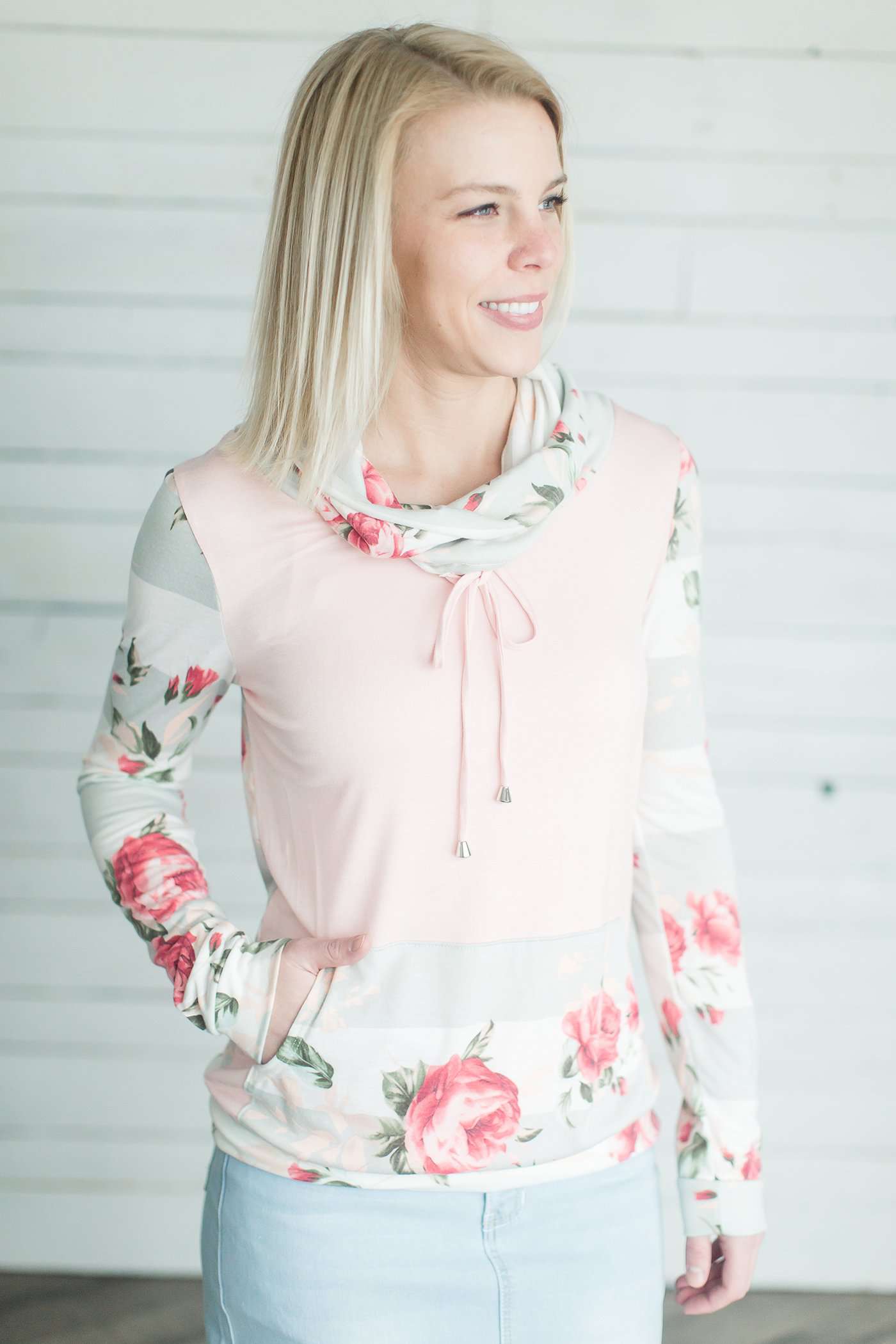 Floral Block Cowl Neck Top Tops
