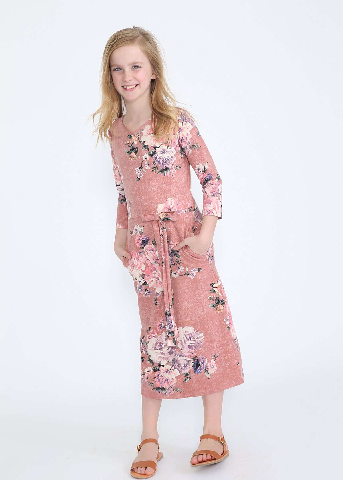 Blush colored modest girls floral midi dress
