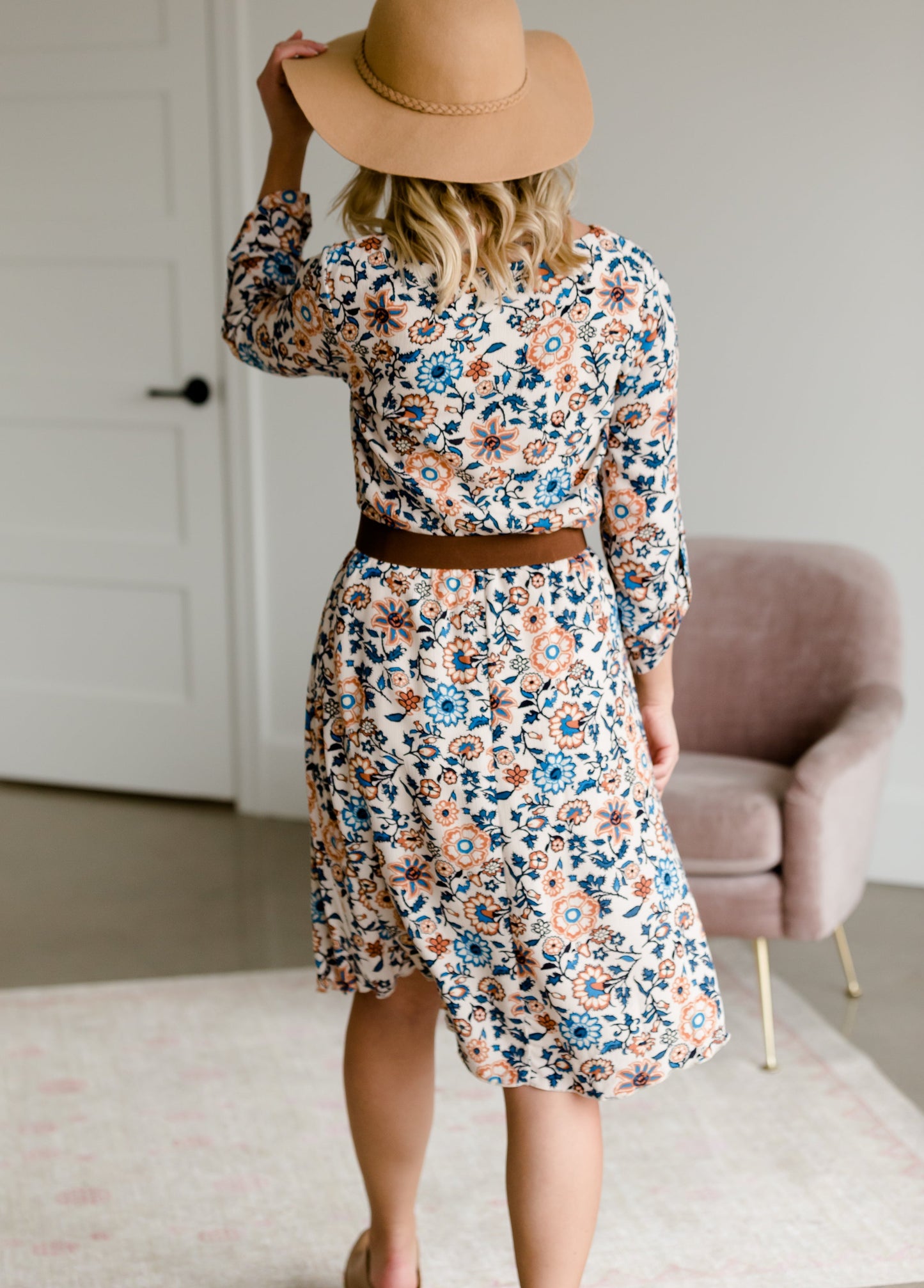 Floral Detailed Cream and Blue Midi Dress - FINAL SALE Dresses