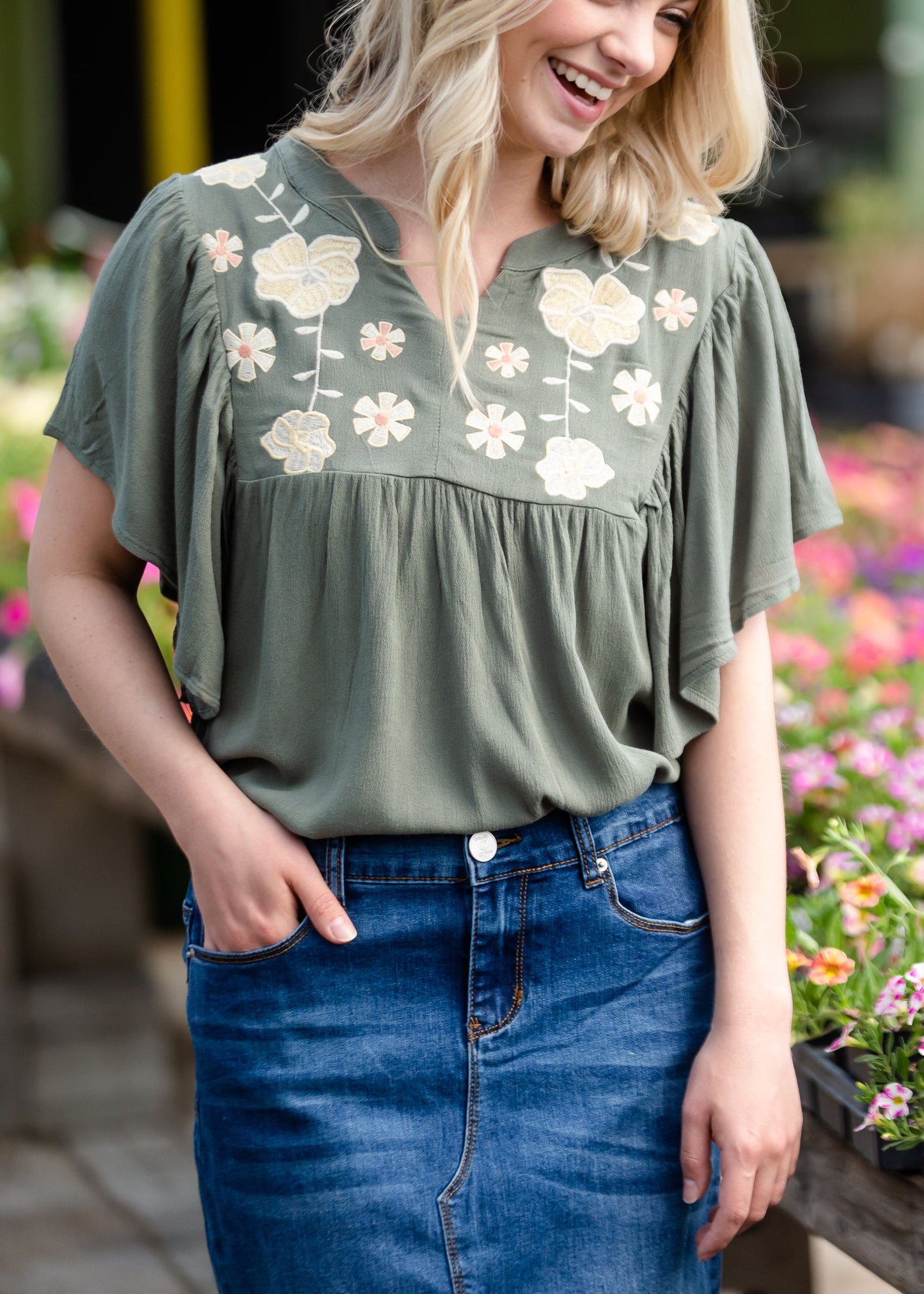 Floral Embroidered Ruffle Sleeve Top - FINAL SALE Tops