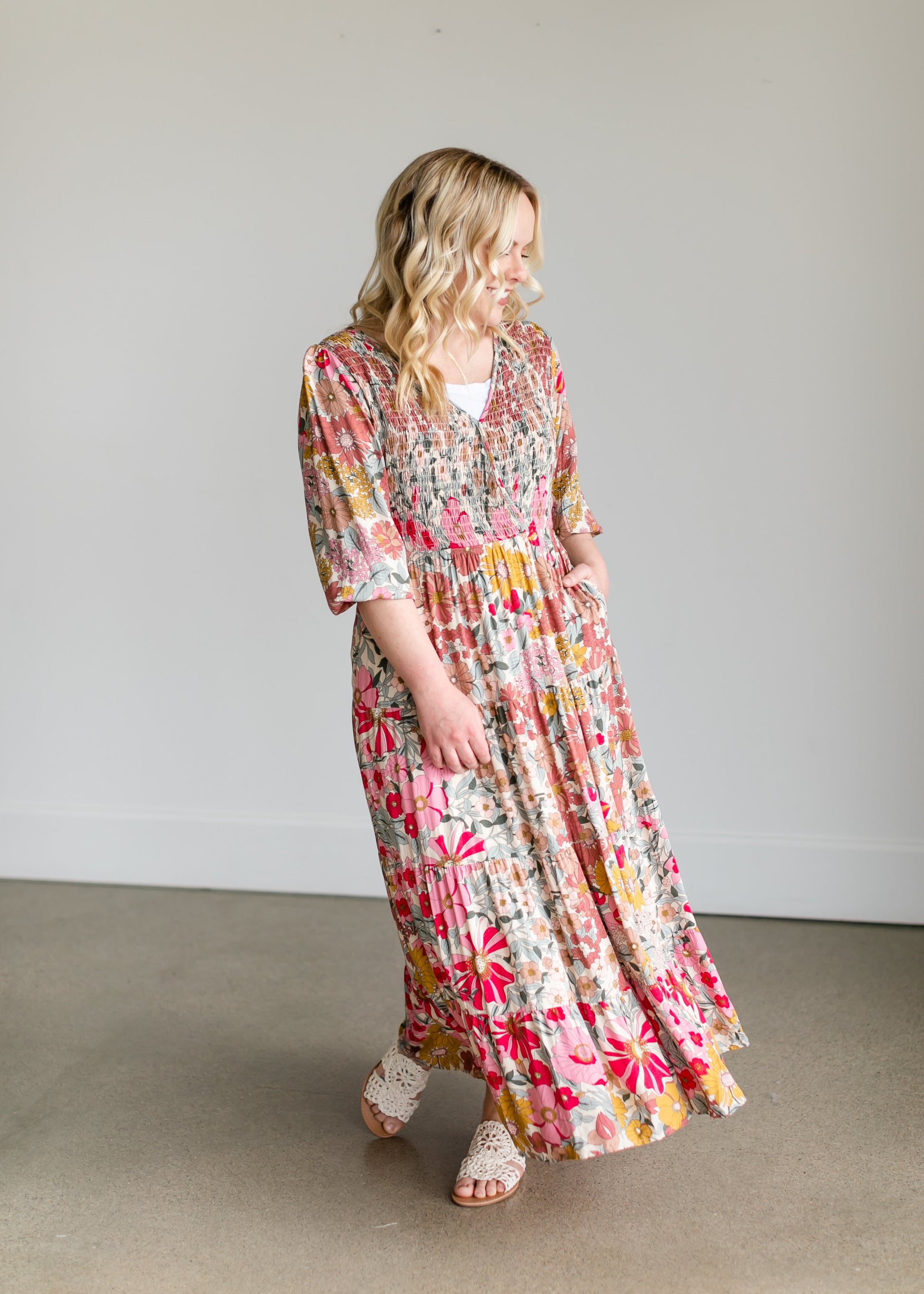Floral Faux Wrap Smocked Bodice Maxi Dress Dresses