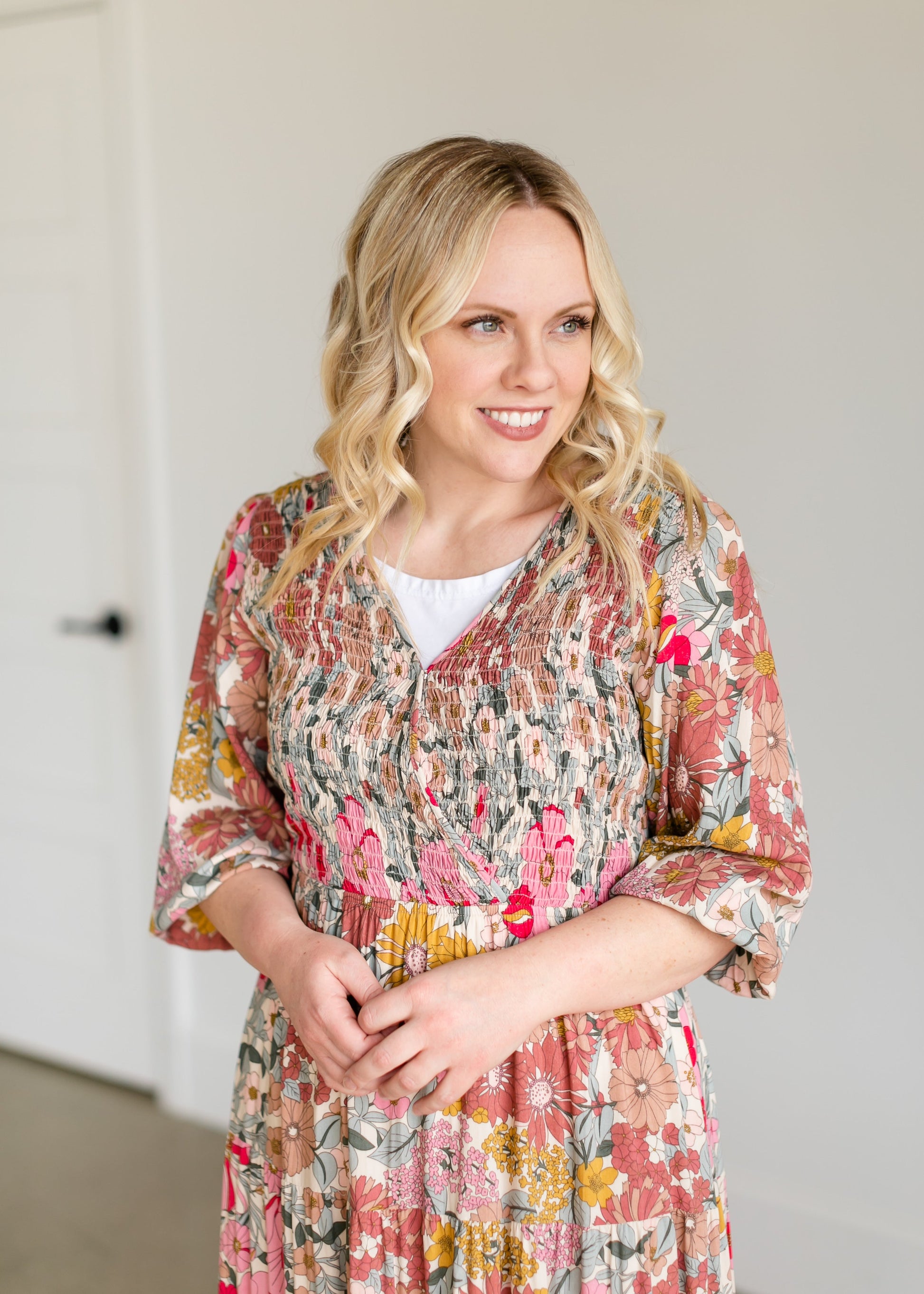 Floral Faux Wrap Smocked Bodice Maxi Dress Dresses