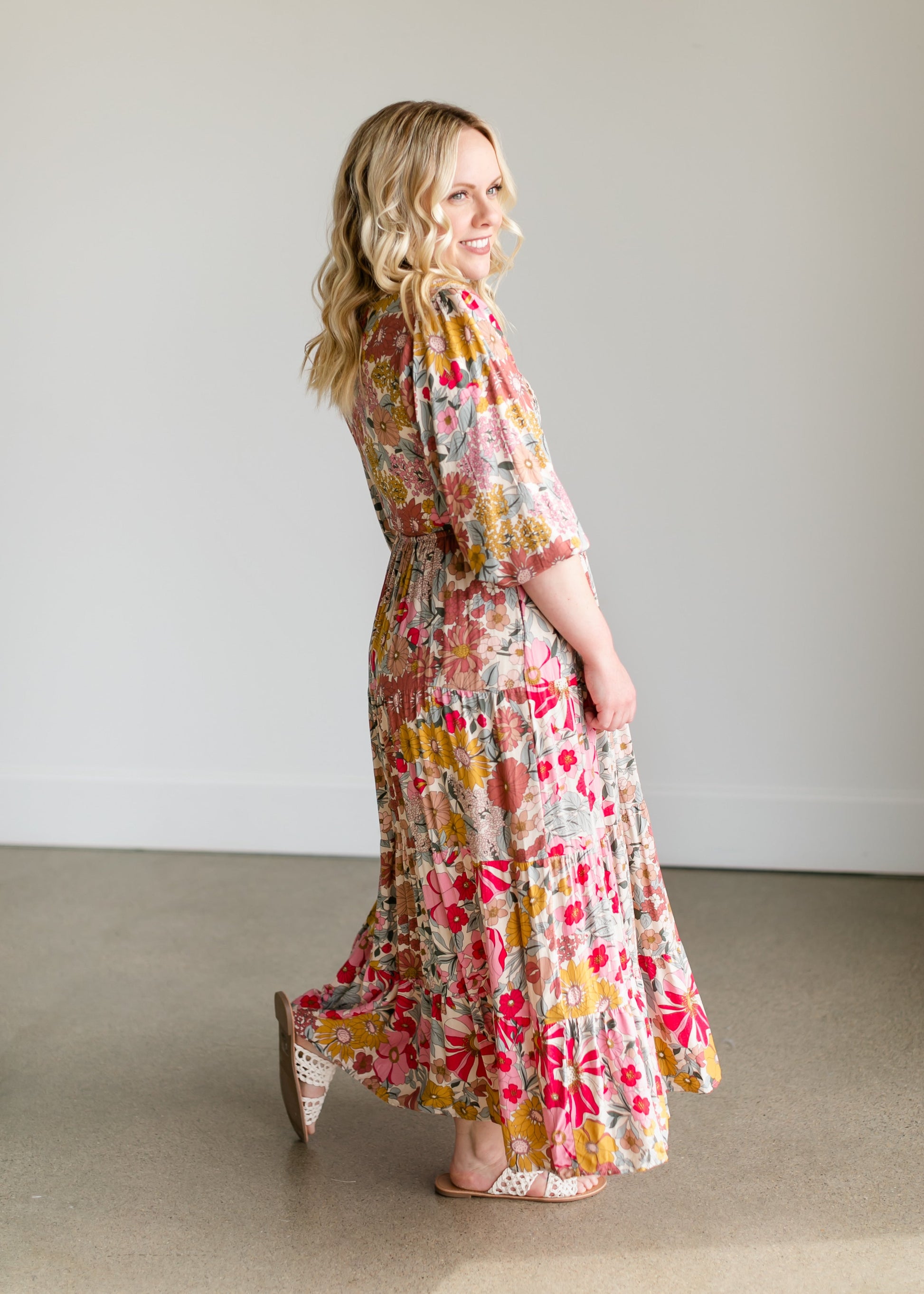 Floral Faux Wrap Smocked Bodice Maxi Dress Dresses
