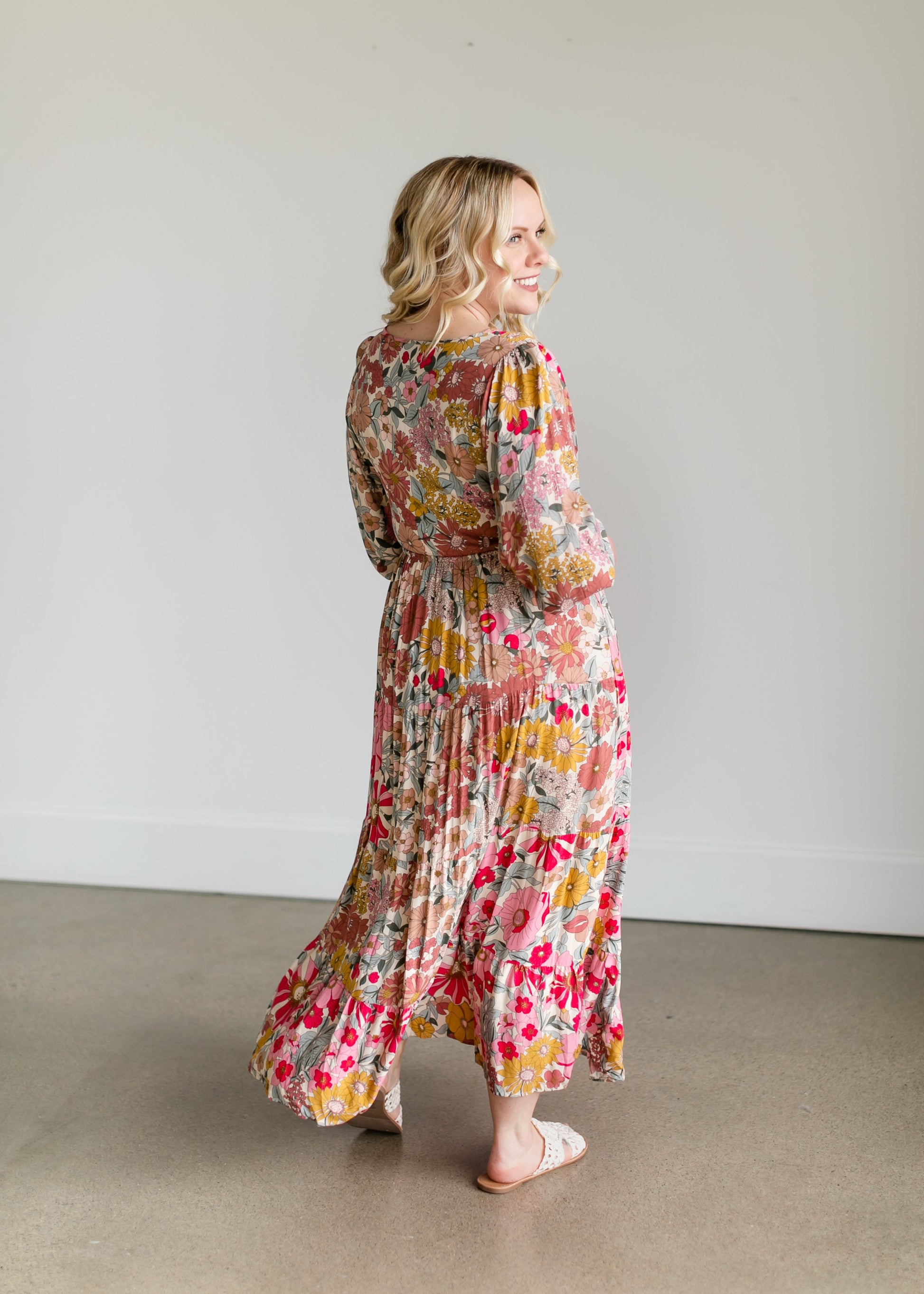Floral Faux Wrap Smocked Bodice Maxi Dress Dresses