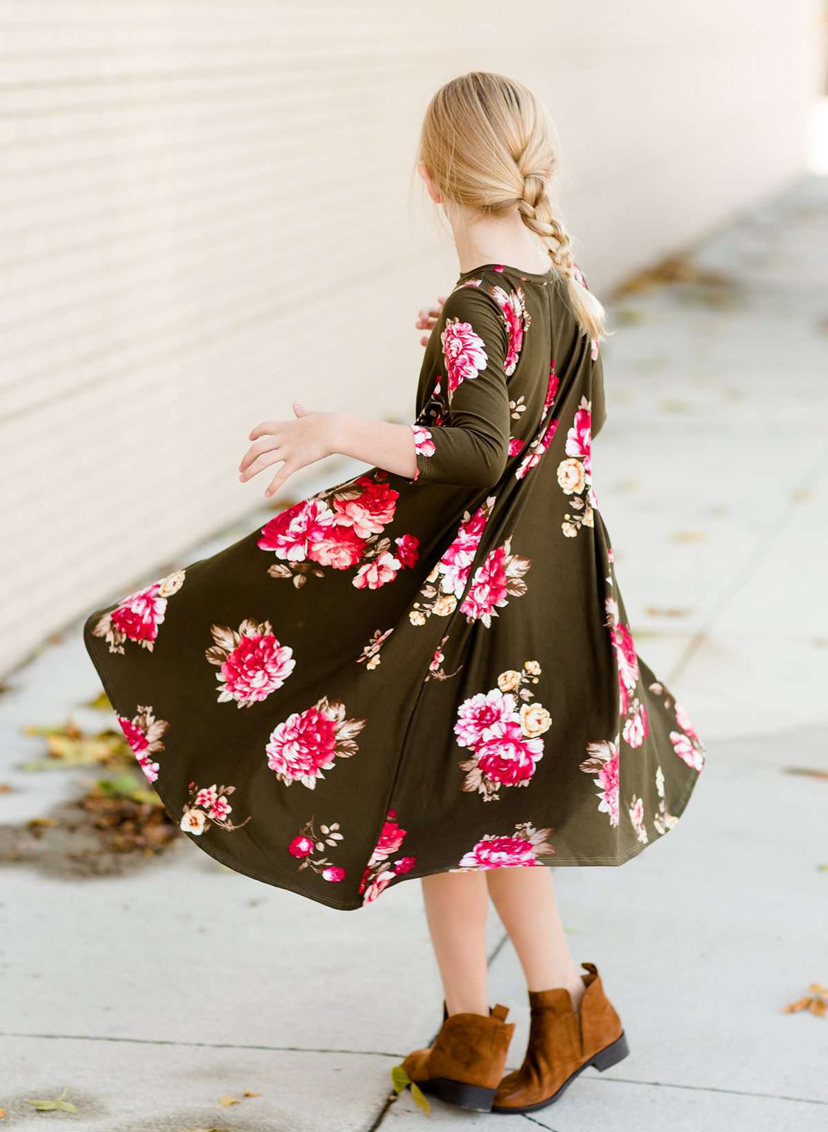 Modest girls and conservative teens burgandy and olive floral swing dress
