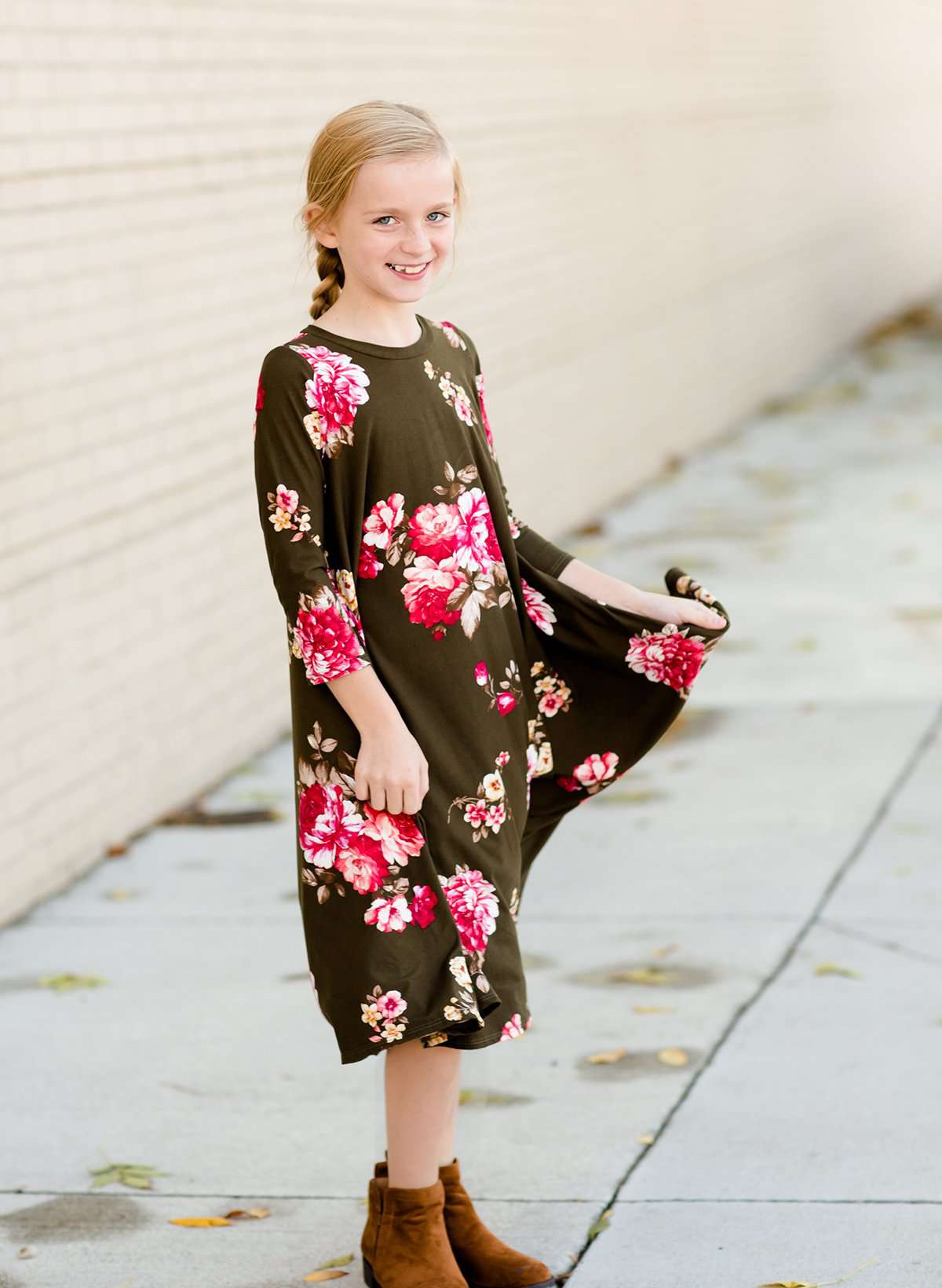Modest girls and conservative teens burgandy and olive floral swing dress