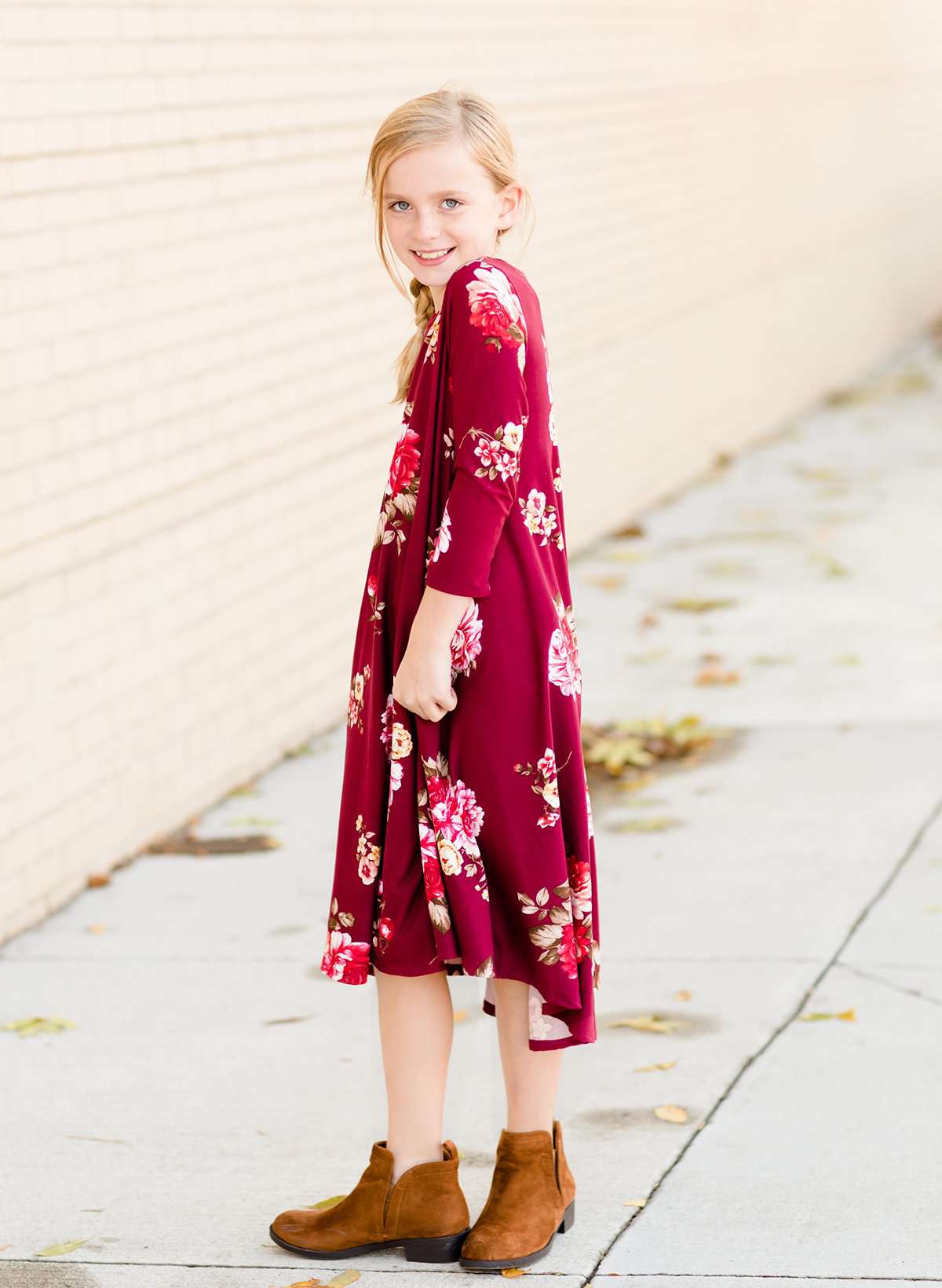 Modest girls and conservative teens burgandy and olive floral swing dress