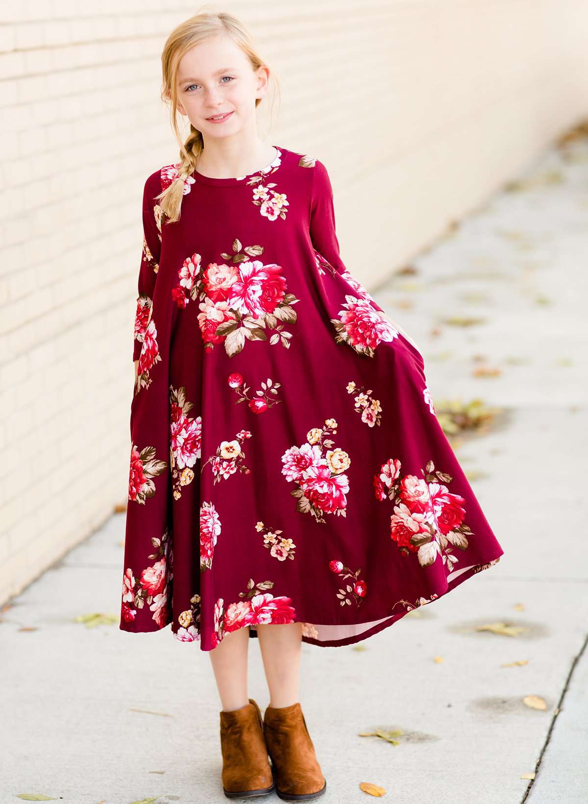 Modest girls and conservative teens burgandy and olive floral swing dress