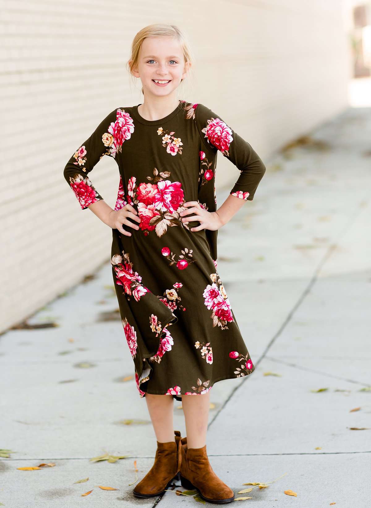 Modest girls and conservative teens burgandy and olive floral swing dress