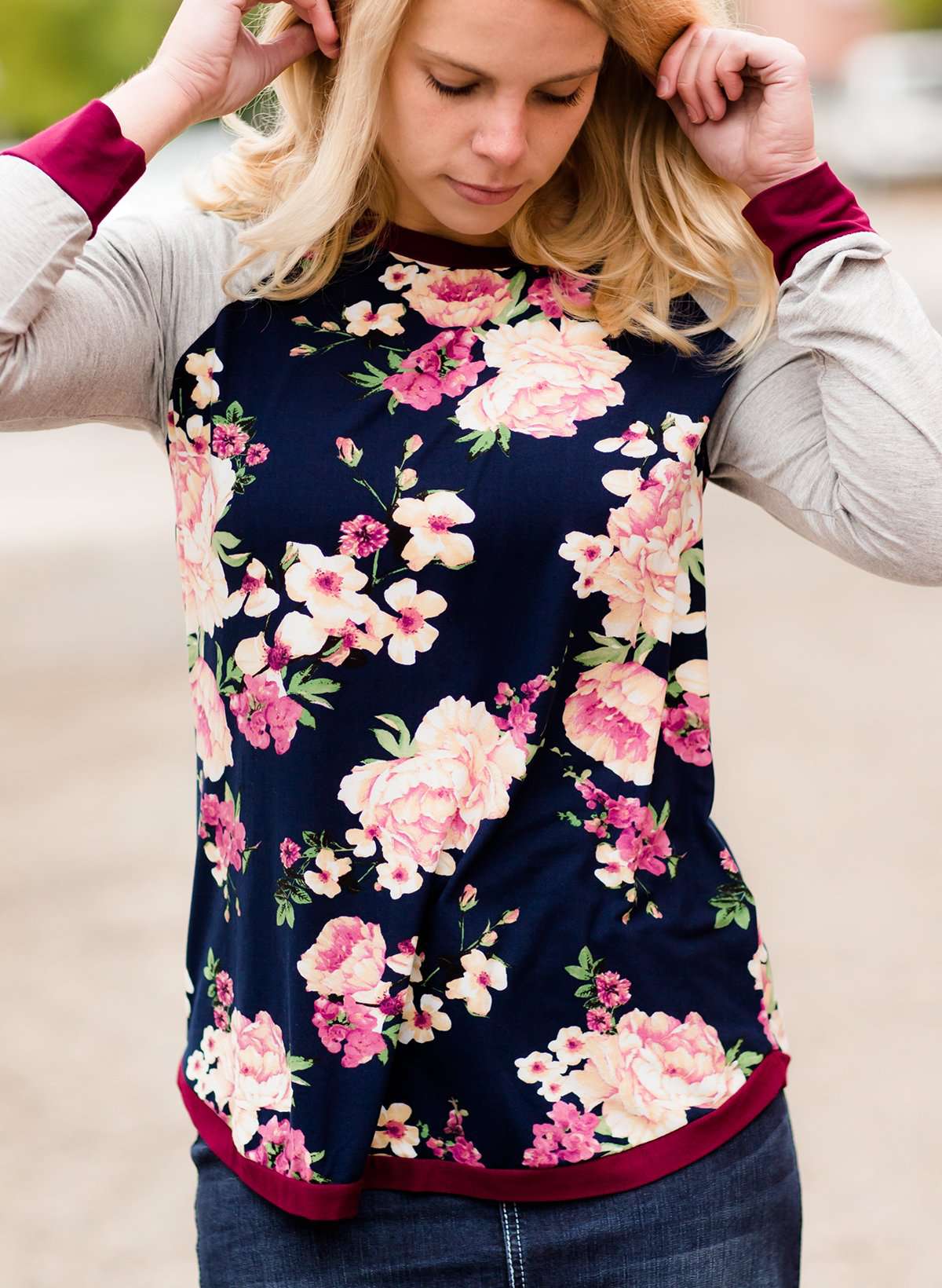 Women's Modest Floral Top with Contrast Sleeves Burgandy