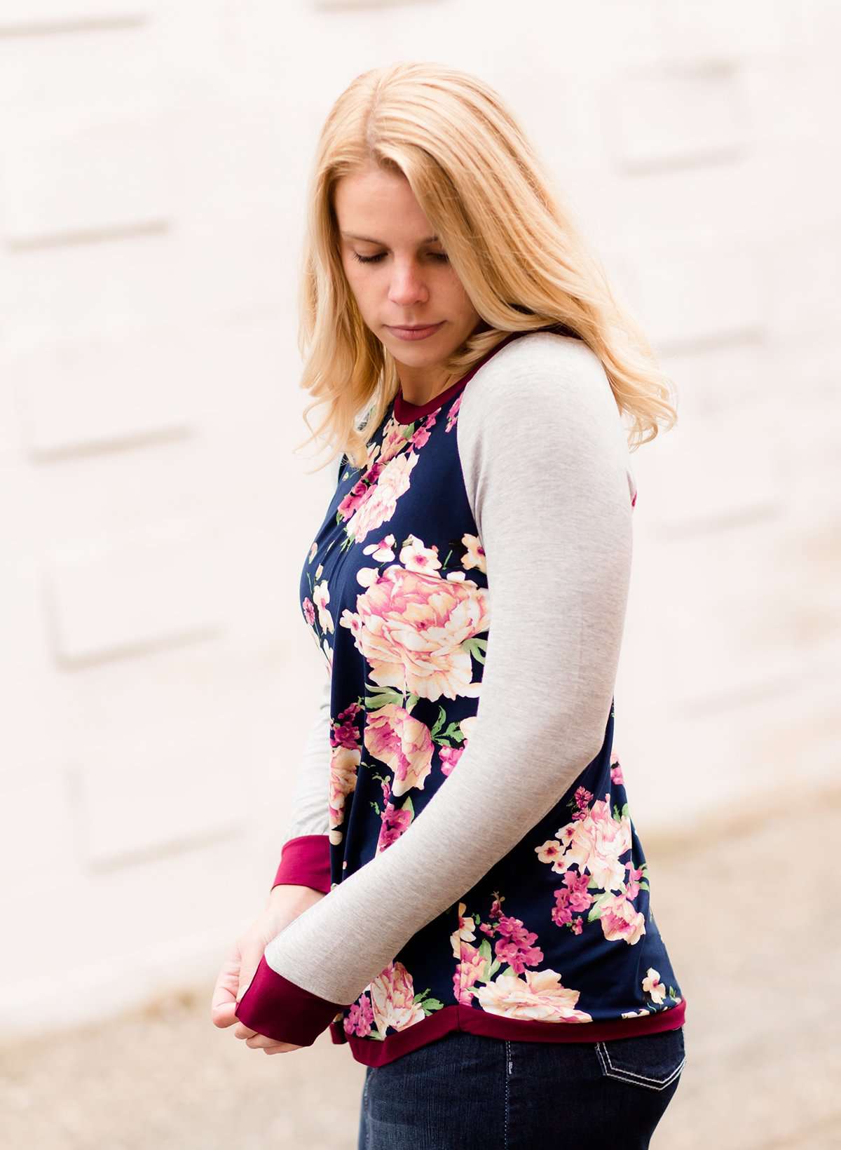 Women's Modest Floral Top with Contrast Sleeves Burgandy
