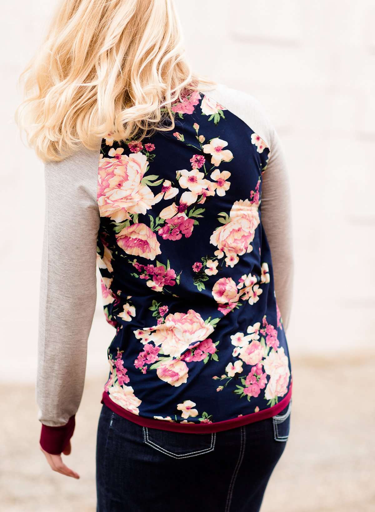 Women's Modest Floral Top with Contrast Sleeves Burgandy