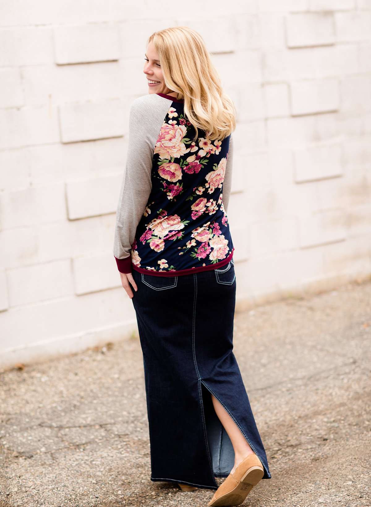 Women's Modest Floral Top with Contrast Sleeves Burgandy