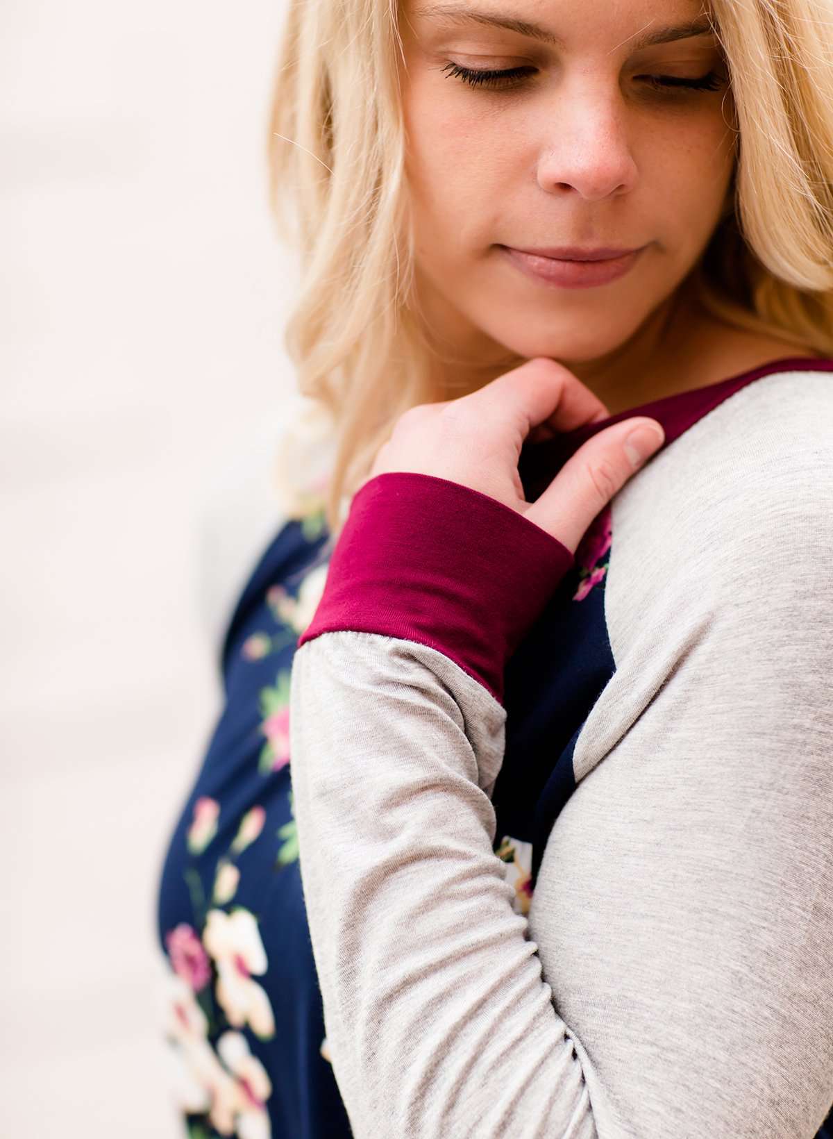 Women's Modest Floral Top with Contrast Sleeves Burgandy