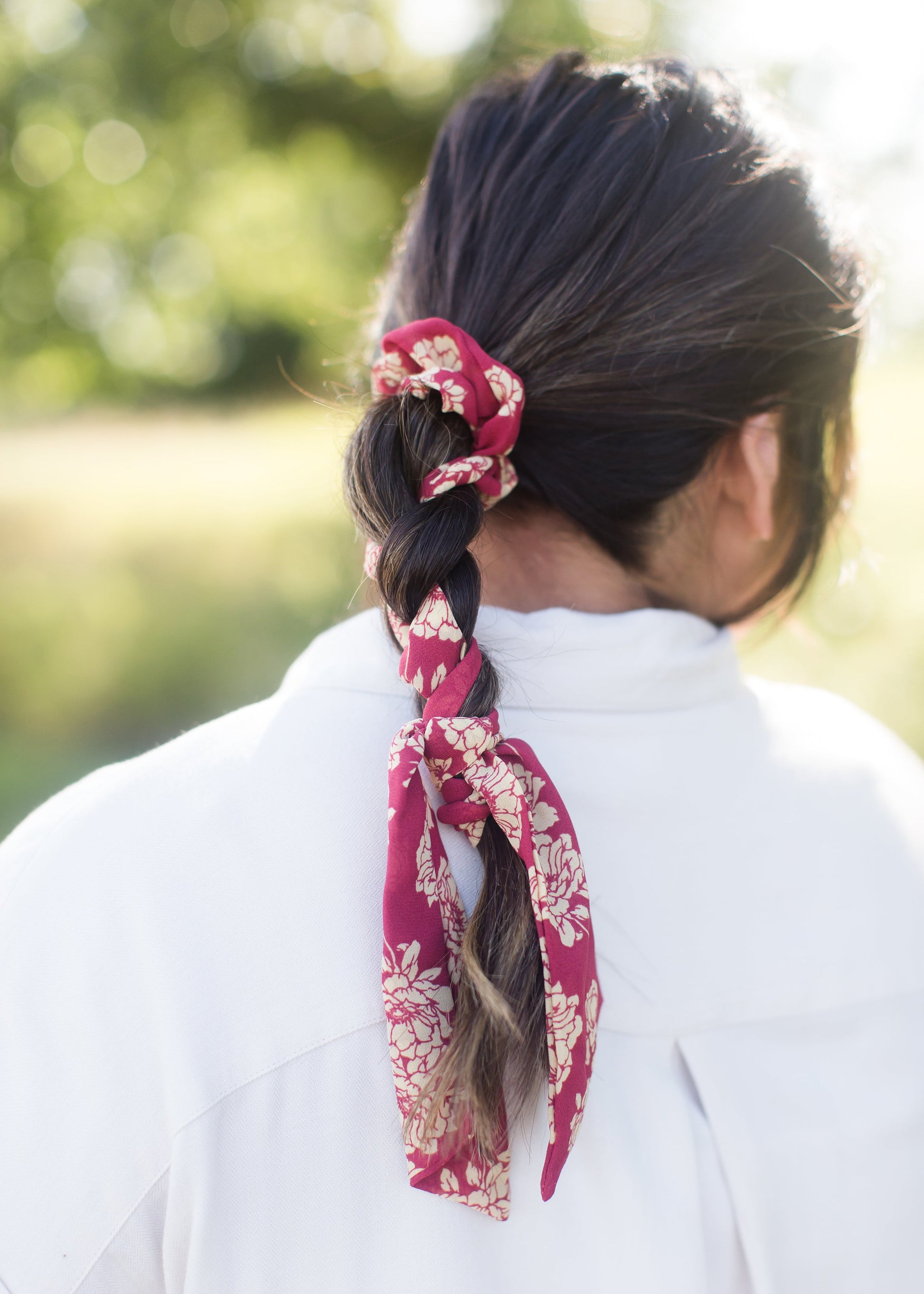 Floral red pony hair scrunchie and scarf
