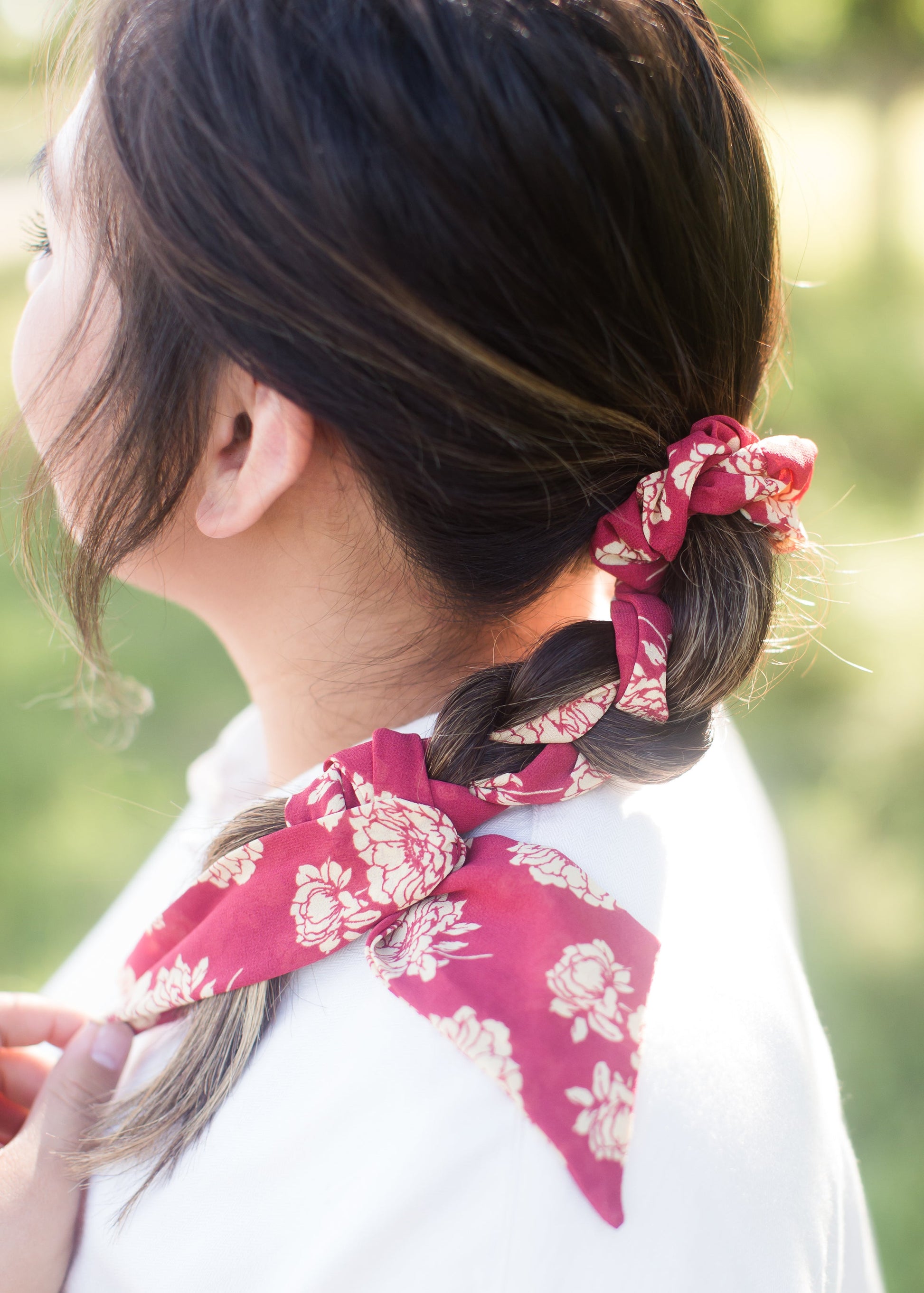 Floral red pony hair scrunchie and scarf
