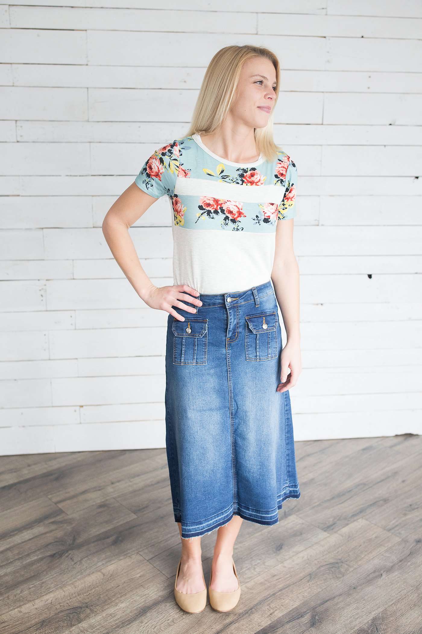 Floral Print Color Block Tee Tops
