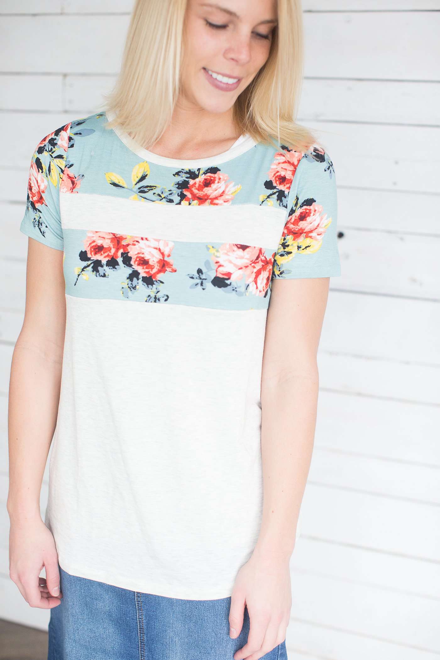 Floral Print Color Block Tee Tops