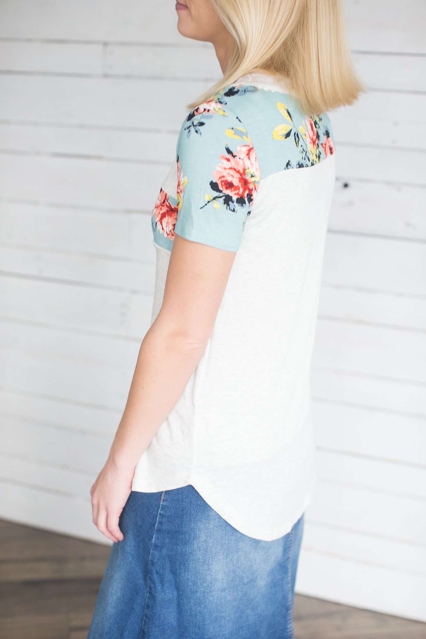 Floral Print Color Block Tee Tops
