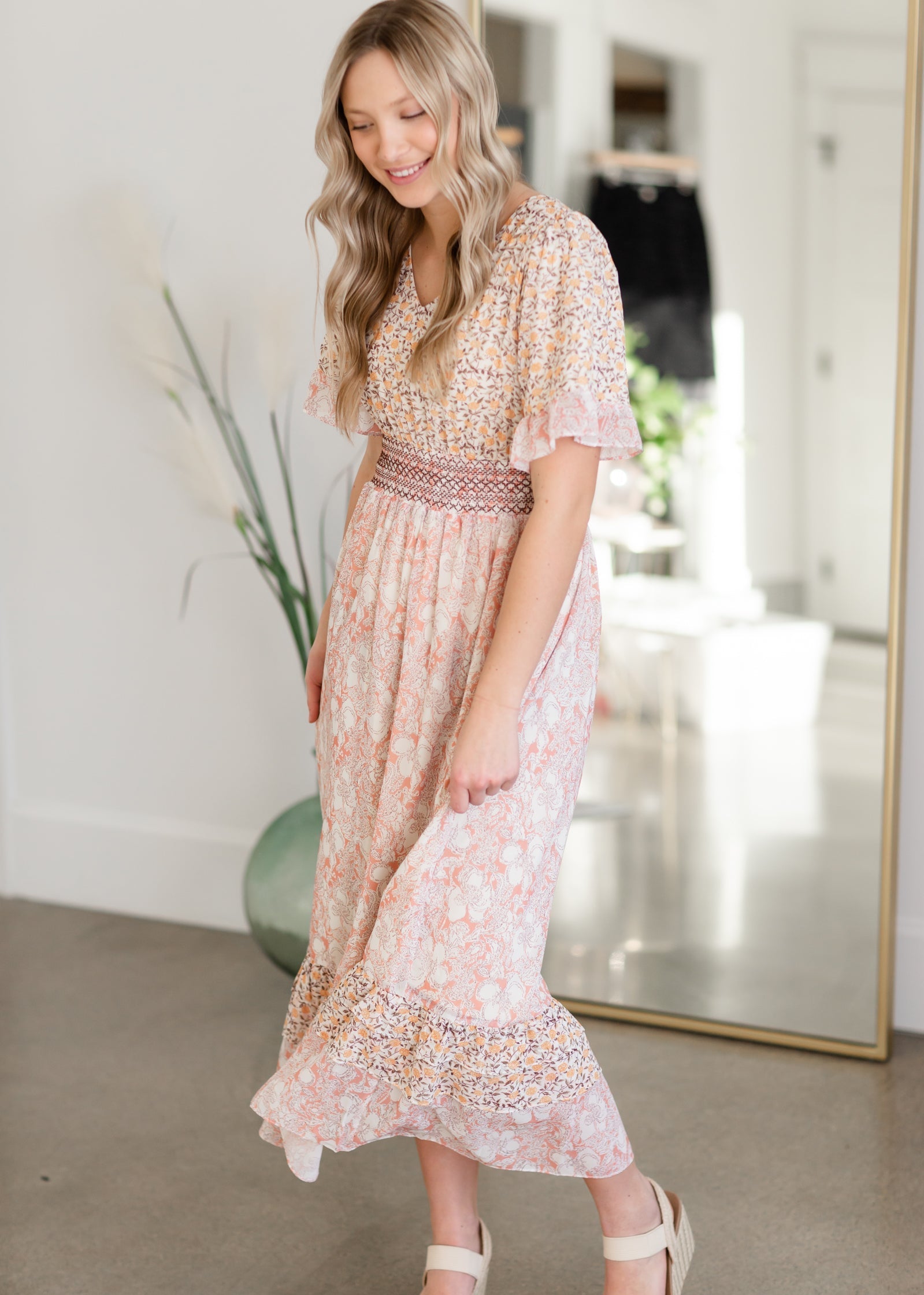 Floral Print Dress With Novelty Smocking Detail Dresses Polagram