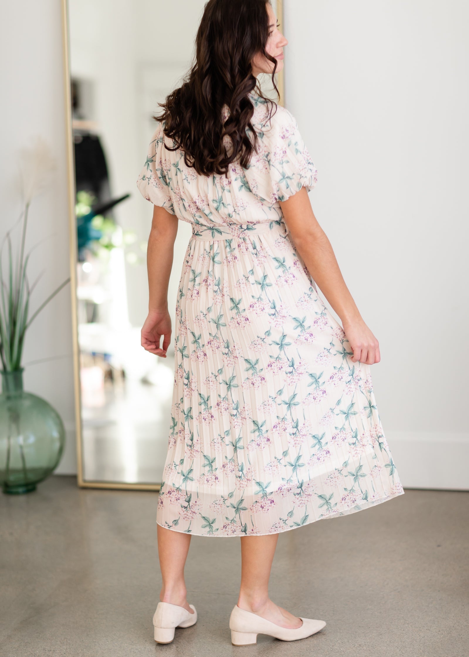 Floral Print Dress with Pleating Detail Dresses Polagram