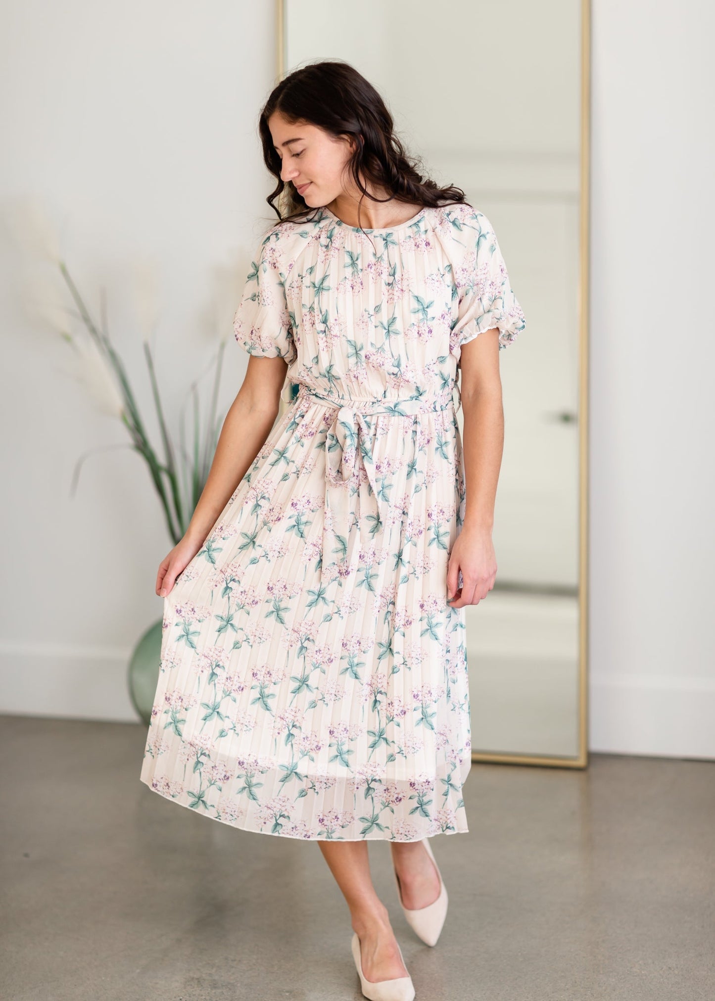 Floral Print Dress with Pleating Detail Dresses Polagram