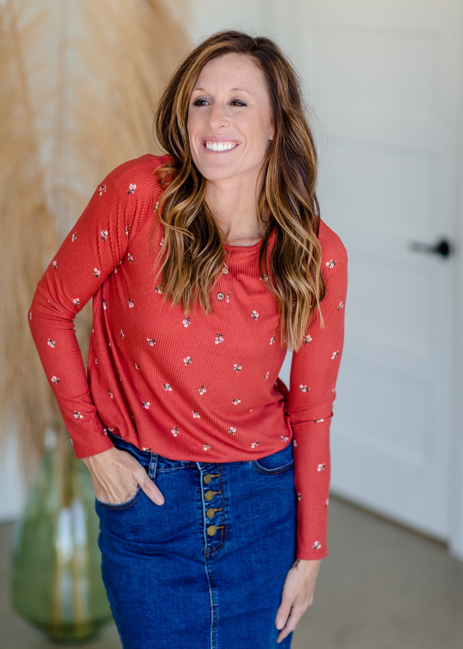 Floral Print Henley Ribbed Long Sleeve Top Tops Reborn J