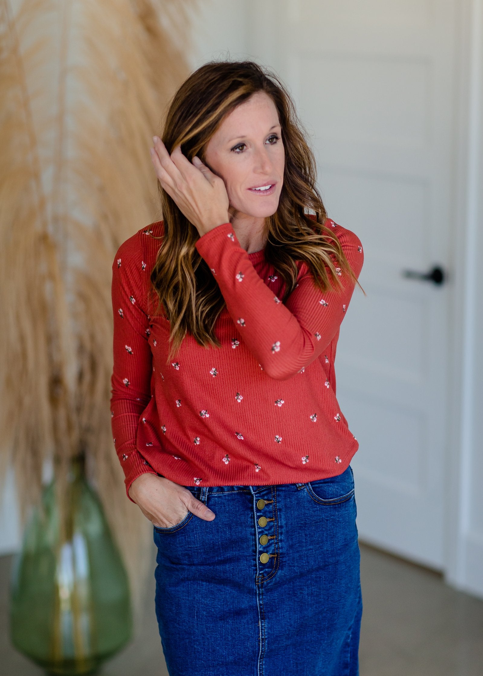 Floral Print Henley Ribbed Long Sleeve Top Tops Reborn J