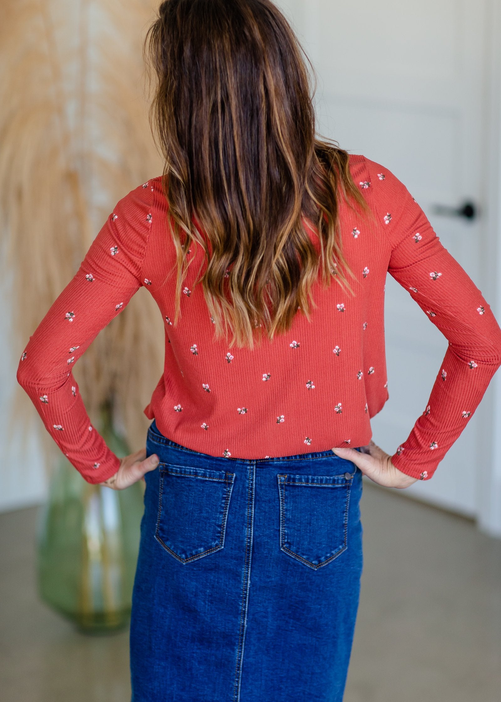 Floral Print Henley Ribbed Long Sleeve Top Tops Reborn J