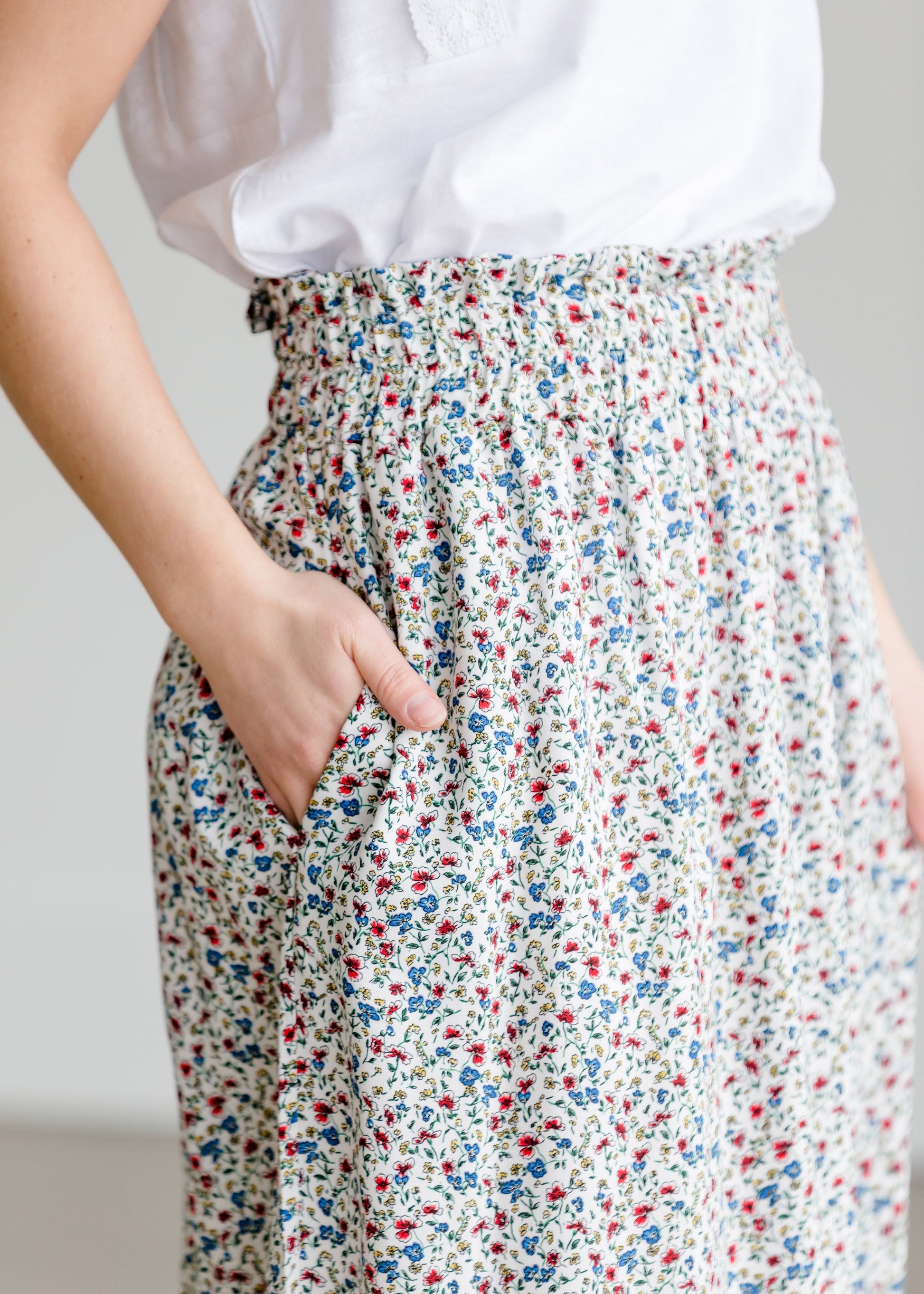Floral Print Ivory Midi Skirt Skirts