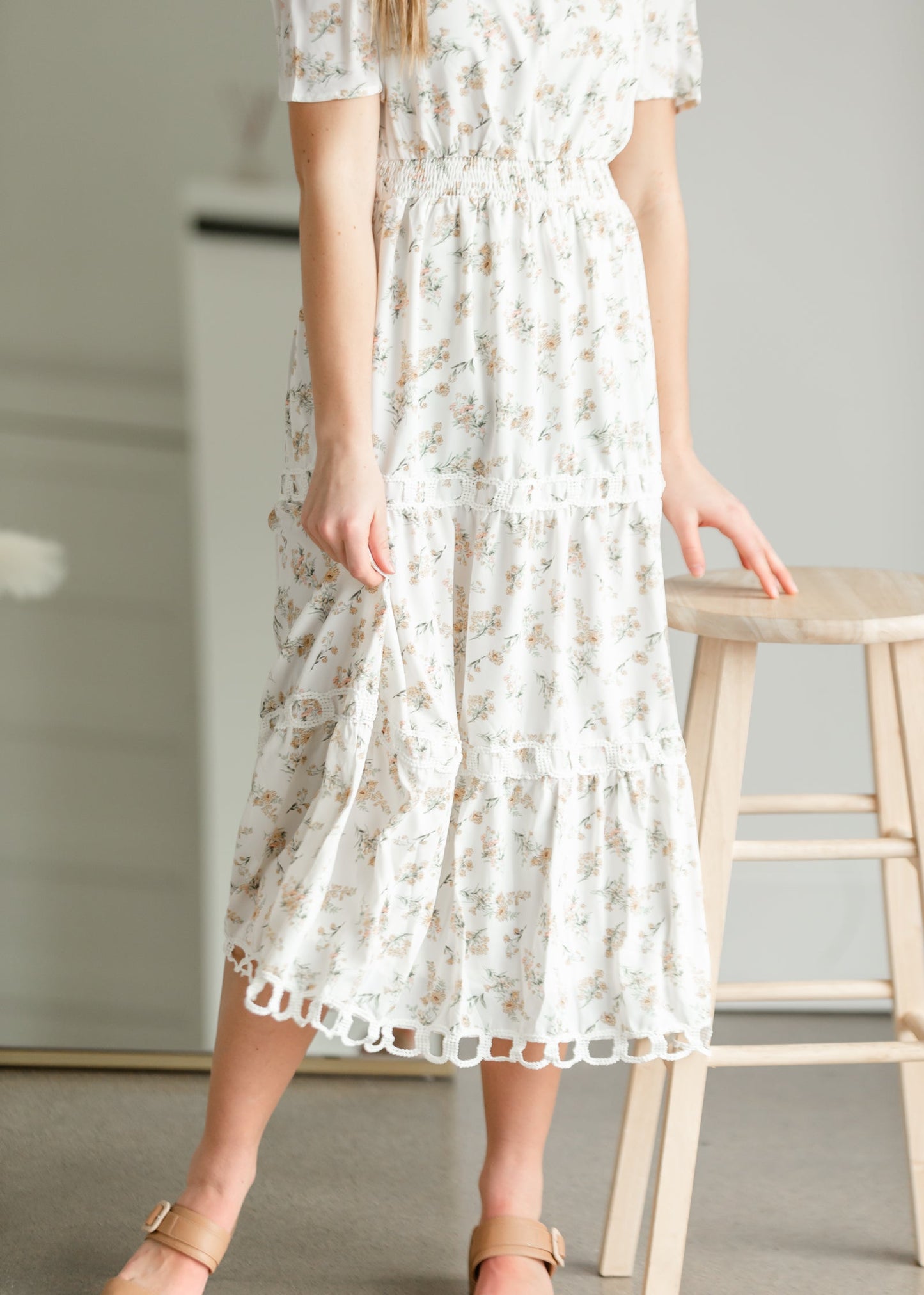 Floral Print Midi Dress with Contrasting Lace Dresses Polagram & BaeVely