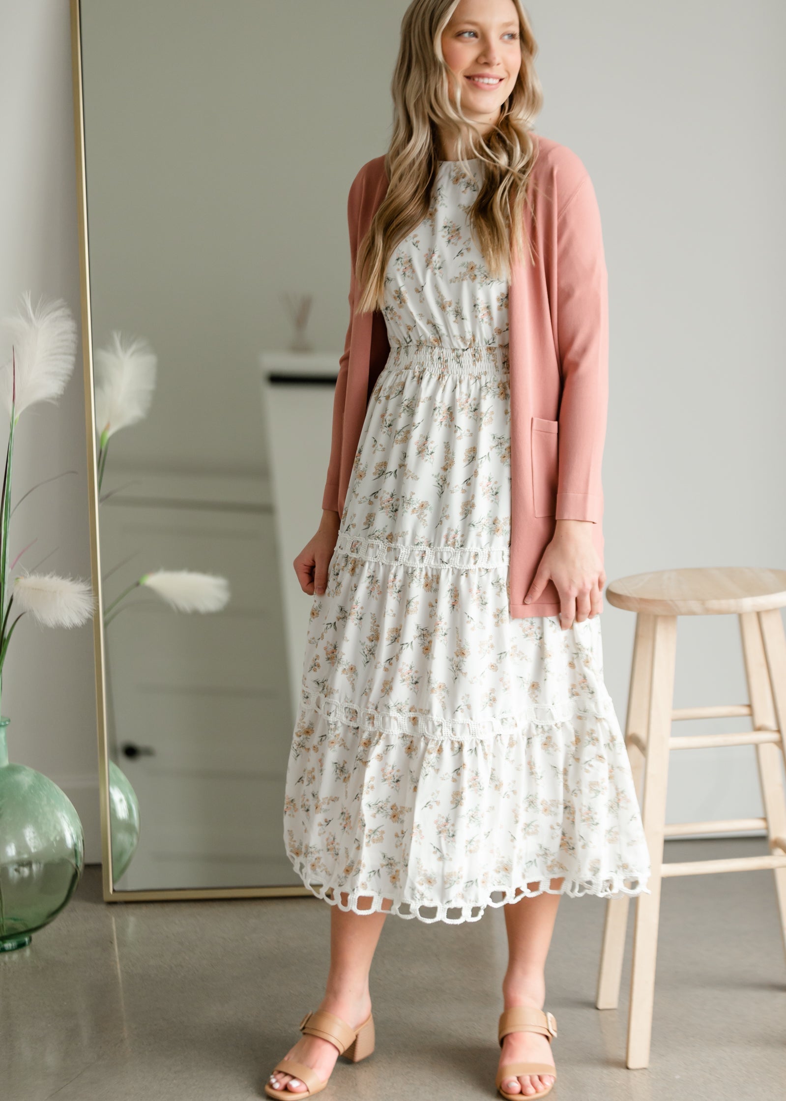 Floral Print Midi Dress with Contrasting Lace Dresses Polagram & BaeVely