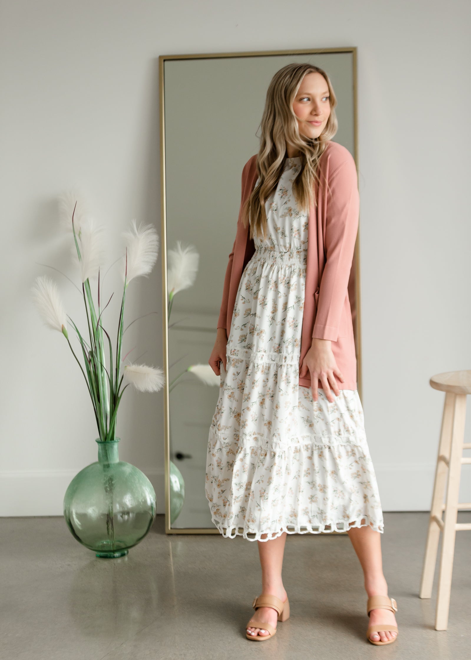 Floral Print Midi Dress with Contrasting Lace Dresses Polagram & BaeVely