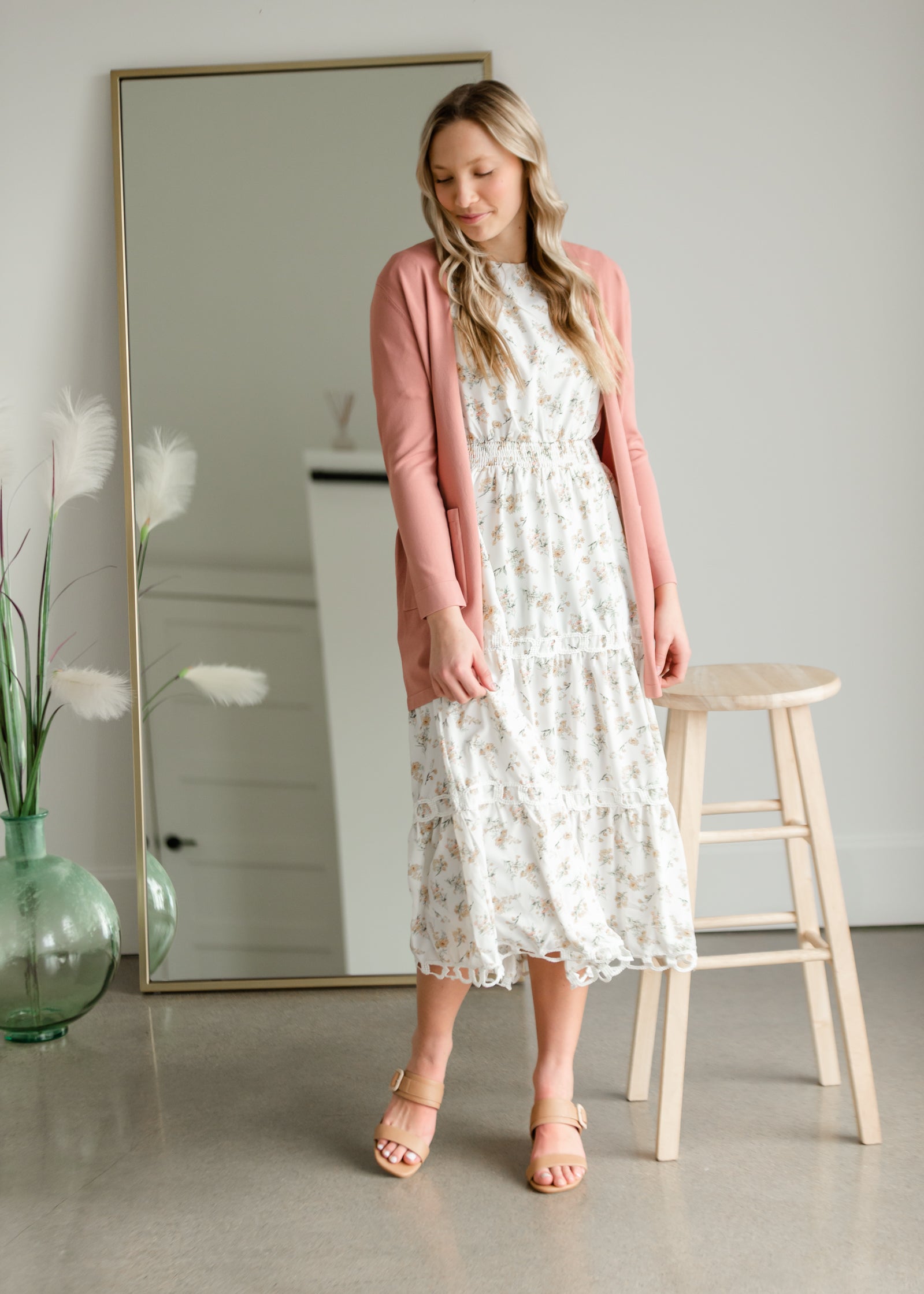 Floral Print Midi Dress with Contrasting Lace Dresses Polagram & BaeVely