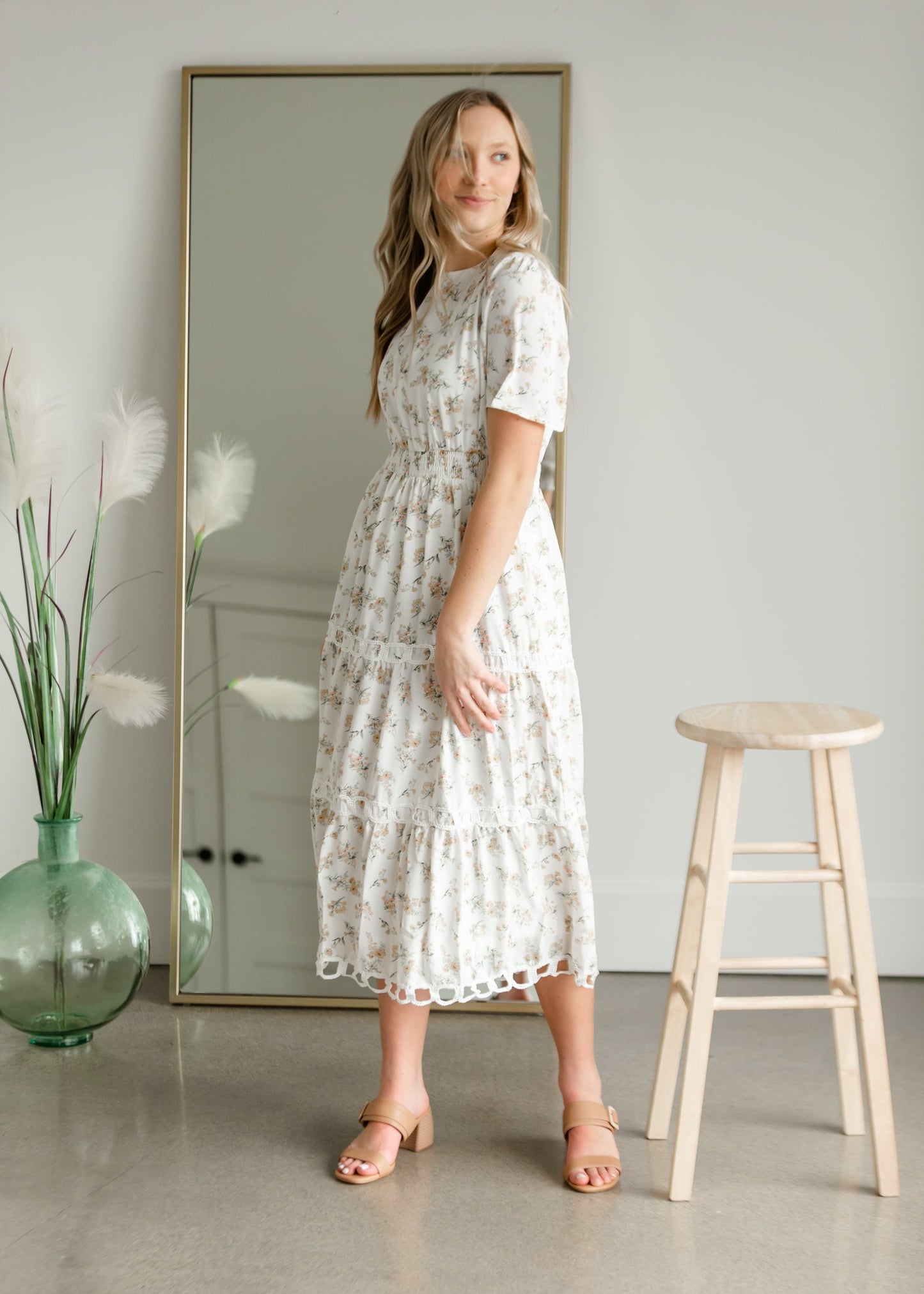 Floral Print Midi Dress with Contrasting Lace Dresses Polagram & BaeVely