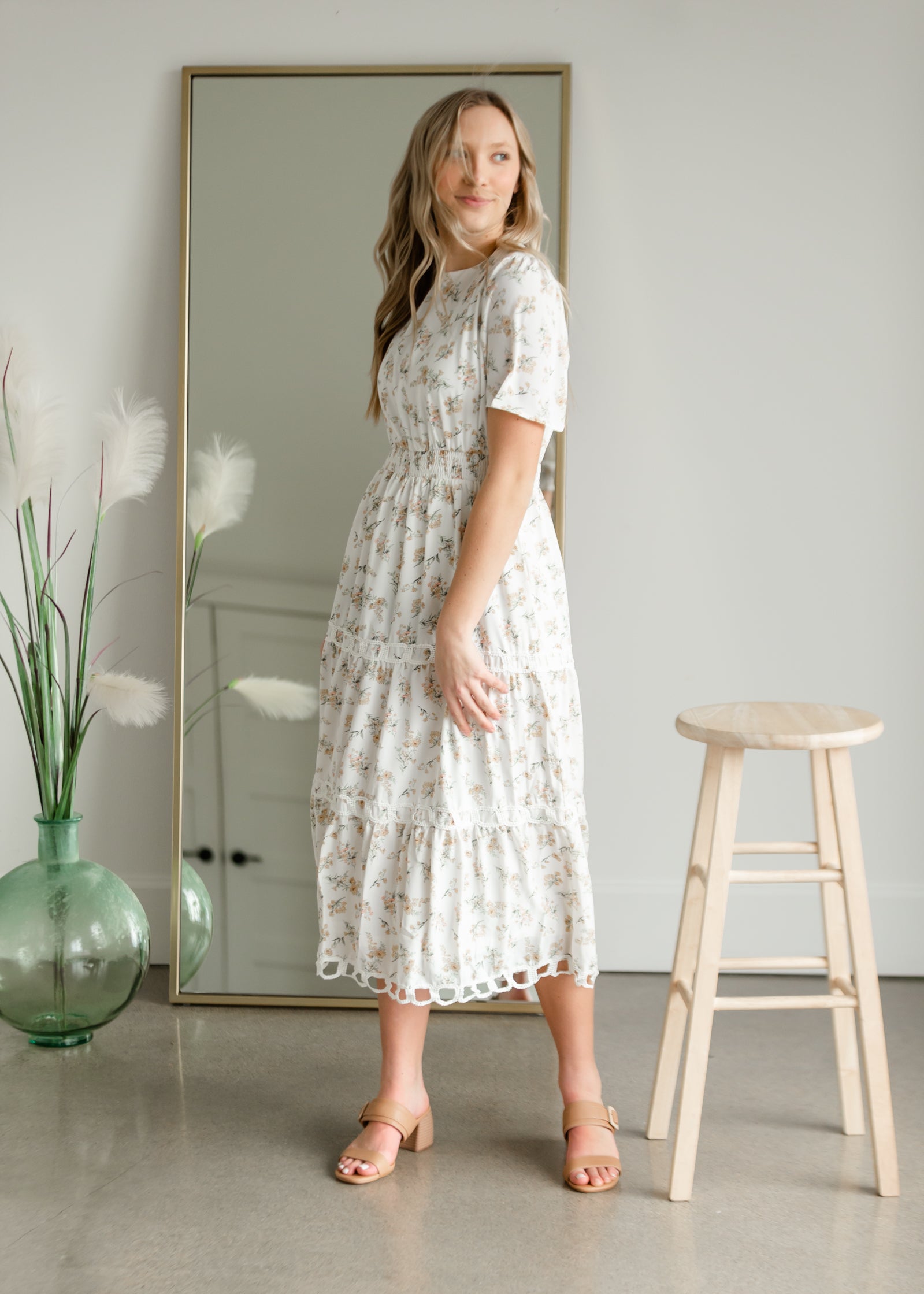 Floral Print Midi Dress with Contrasting Lace Dresses Polagram & BaeVely