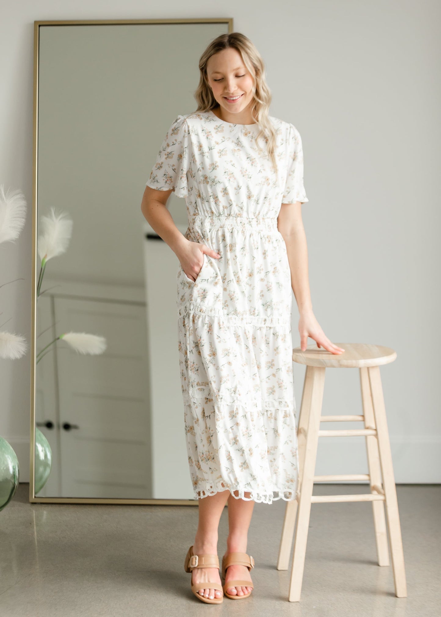 Floral Print Midi Dress with Contrasting Lace Dresses Polagram & BaeVely