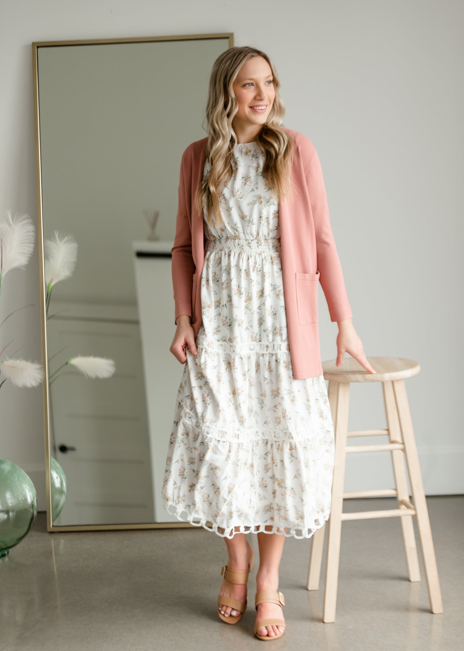 Floral Print Midi Dress with Contrasting Lace Dresses Polagram & BaeVely