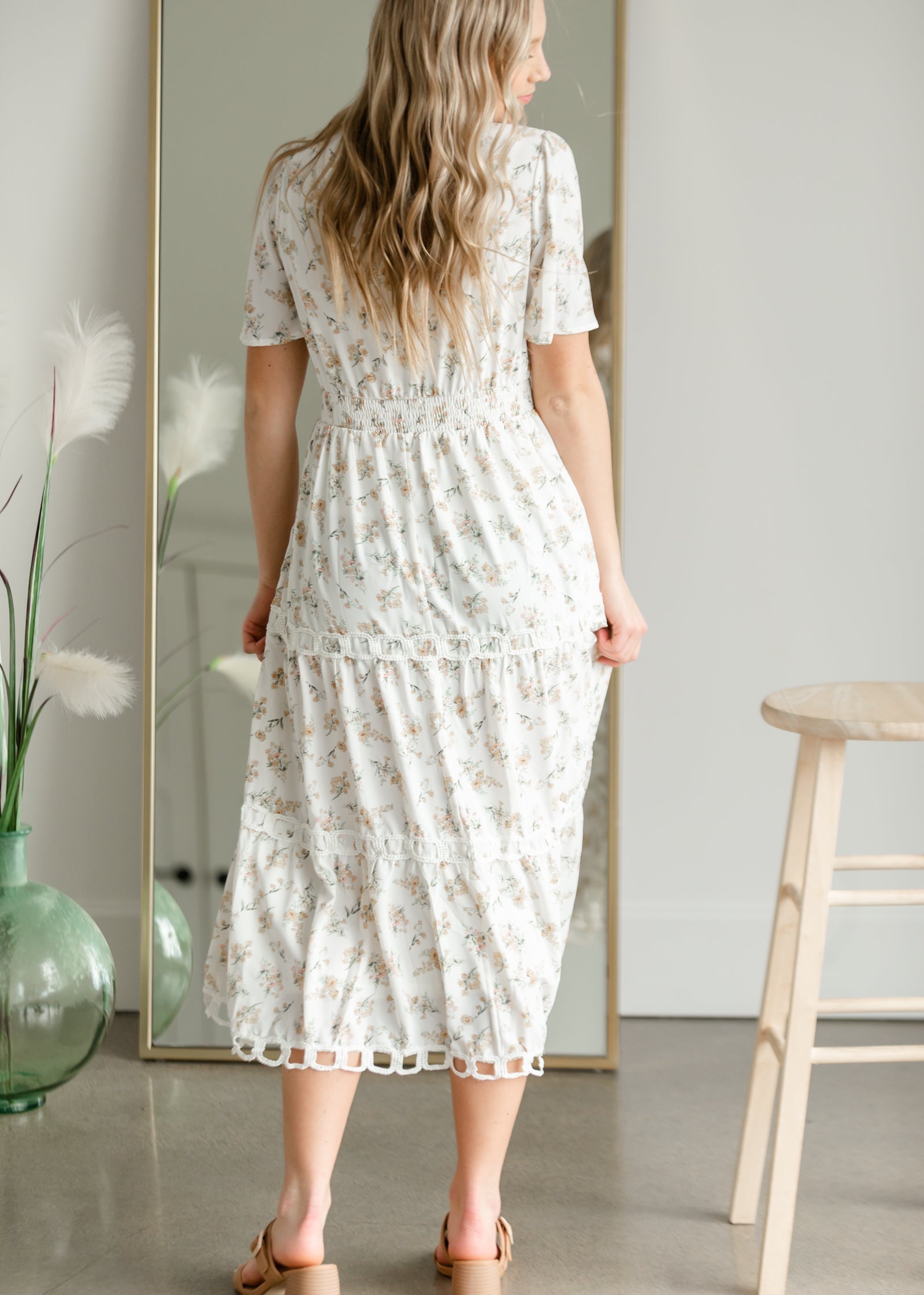 Floral Print Midi Dress with Contrasting Lace Dresses Polagram & BaeVely